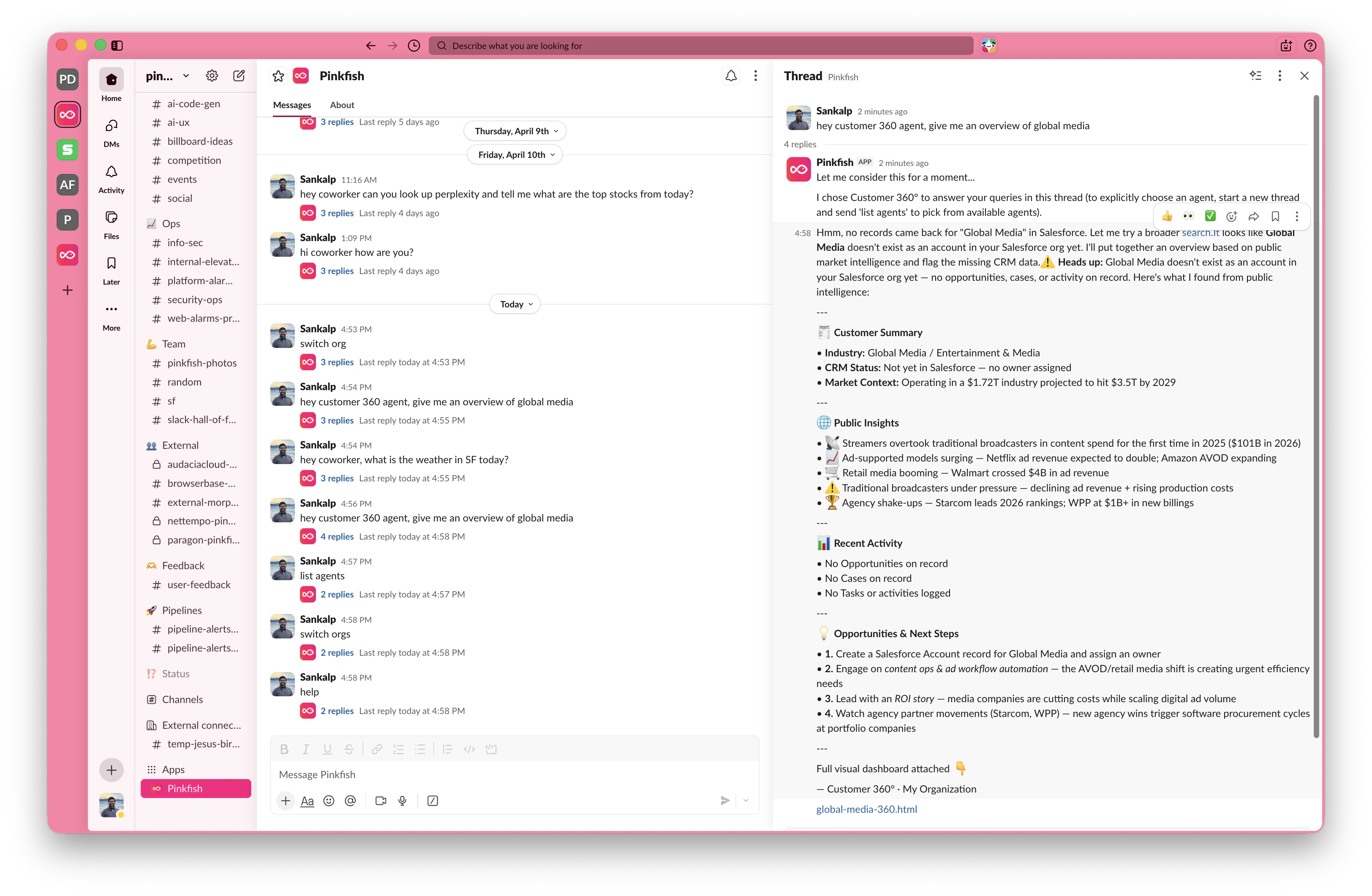 Slack DM with the Pinkfish app: a user asks for a 360° view of an account and the agent replies in the thread with a summary and a link to a rendered dashboard