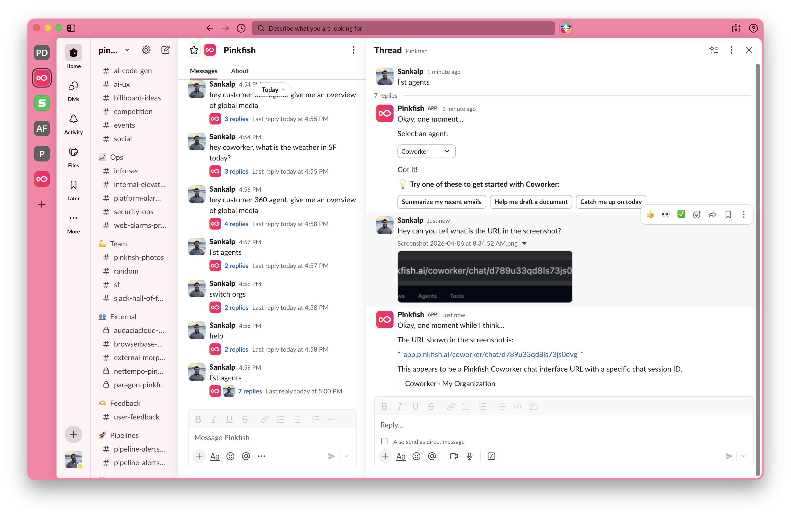 A Slack DM where the user has attached a file alongside a question, and the Pinkfish app replies with a summary based on the attachment