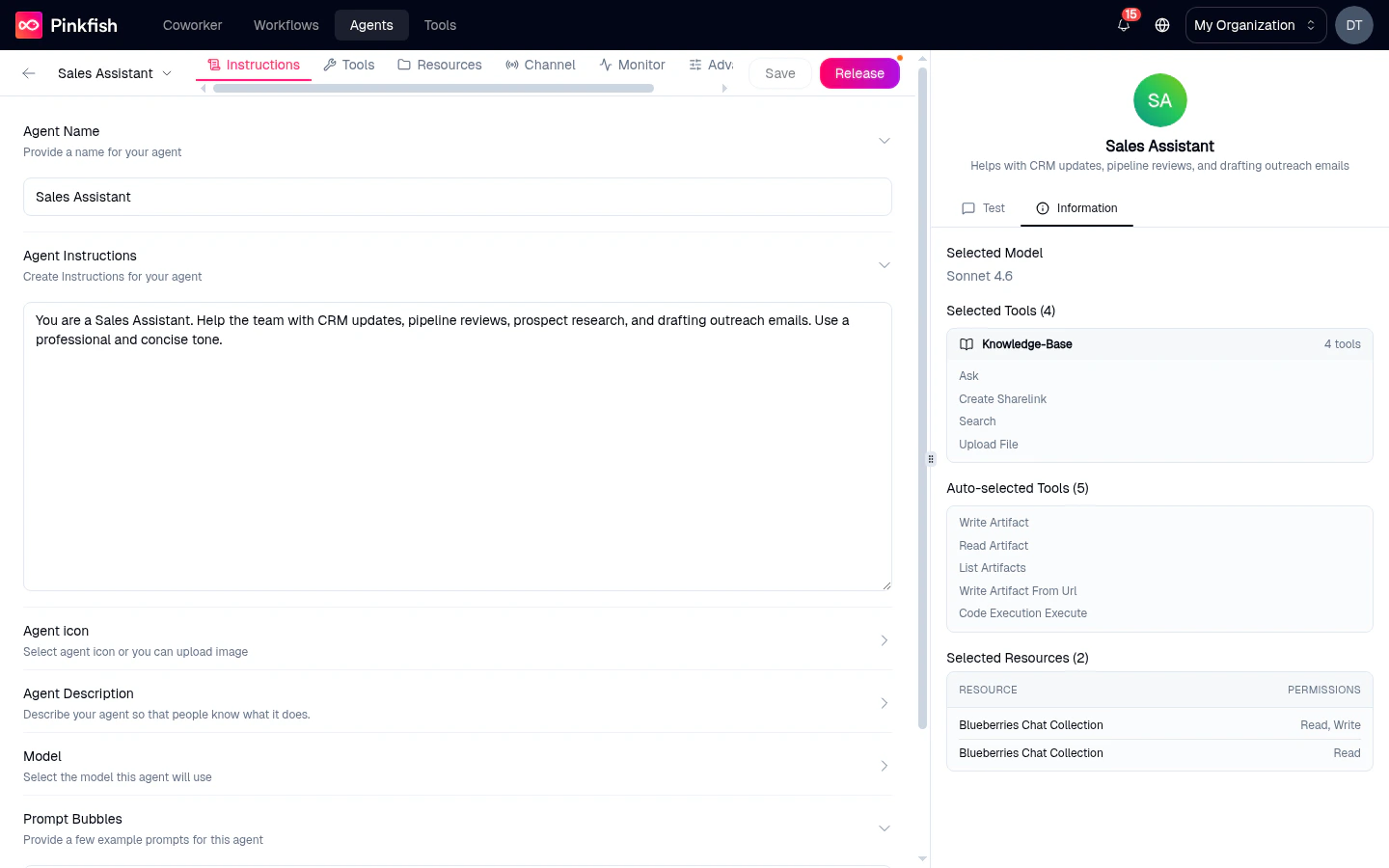 Information pane showing Selected Model (Sonnet 4.5), Selected Tools (1) — Knowledge Base expanded showing four tools (Ask, Create/Rewrite, Search, Update/Delete), Auto-selected Tools (5) — Write Artifact, Read Artifact, List Artifacts, Write Artifact from URL, Code Execution — and Selected Resources (2) — two Blueberries Chat Collection entries with Read/Write/Admin summaries