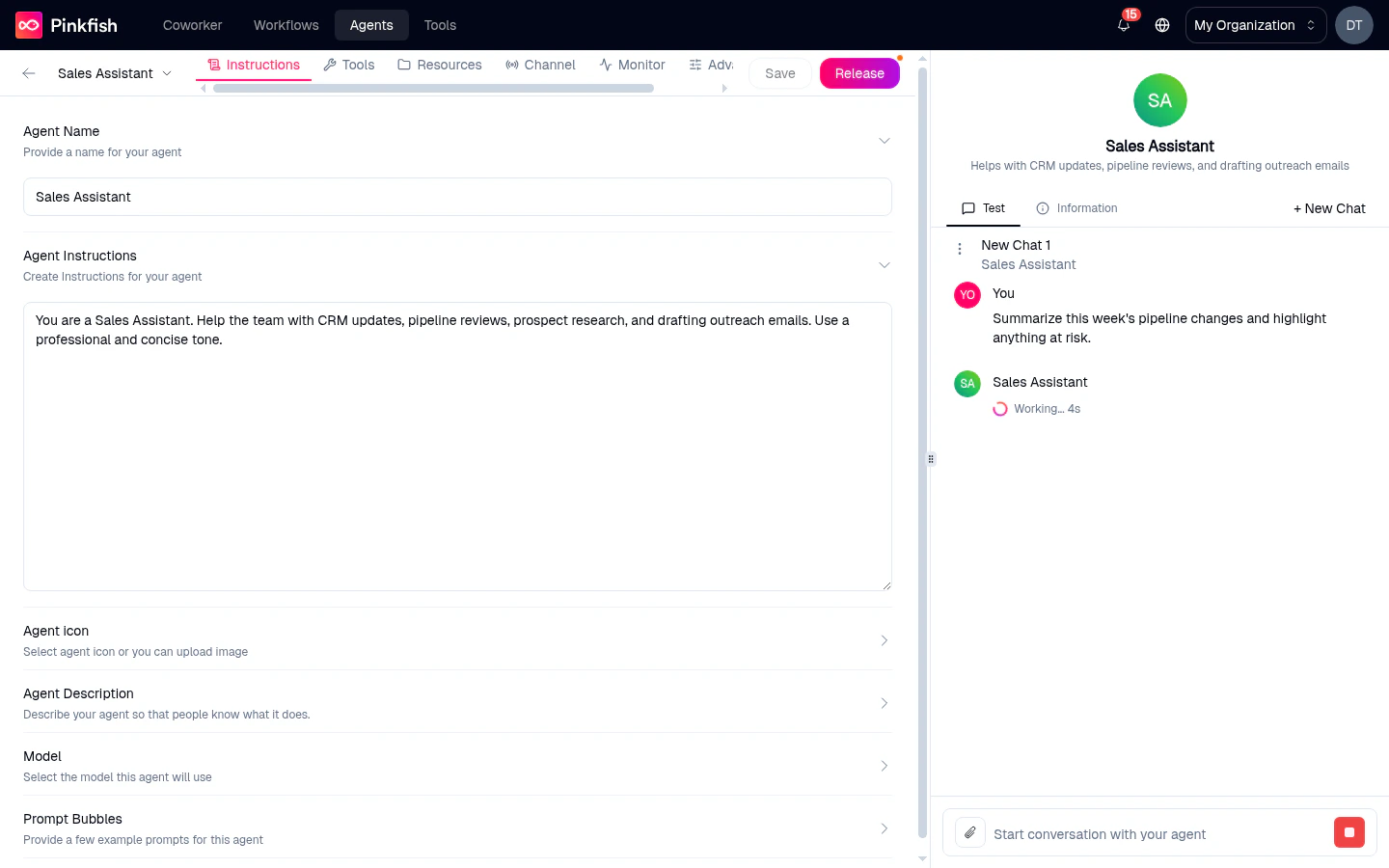 Agent Builder for the Sales Assistant agent — all six tabs (Instructions, Tools, Resources, Channel, Monitor, Advanced) pinned on the left, Instructions tab active with the agent name and system prompt, and the right-hand Preview pane showing an active chat where the user asked 'Summarize this week's pipeline changes and highlight anything at risk' and the agent is replying