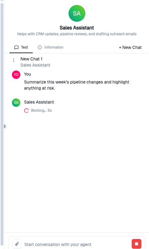 Preview pane showing an active chat with the Sales Assistant agent — user prompt 'Summarize this week's pipeline changes and highlight anything at risk.' and the agent replying with a 'Working... 5s' indicator