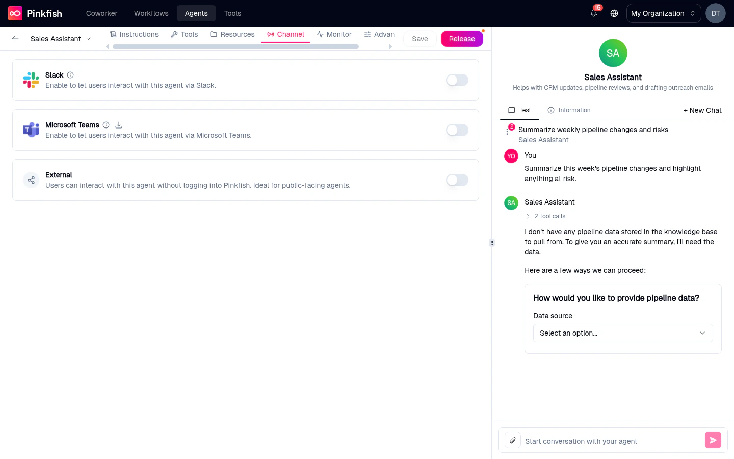 Channels tab showing three cards — Slack, Microsoft Teams, and External — each with an icon, a short description, and an off toggle on the right