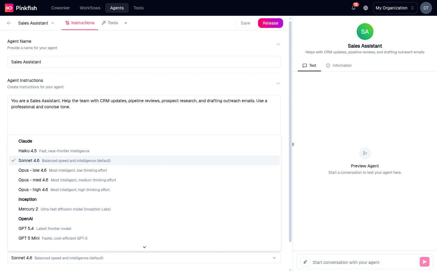 Model dropdown expanded showing a list of models grouped by provider — Claude (Haiku 4.5, Sonnet 4.5 selected as default, Opus Low / Med / High), Inception (Mercury 2), and OpenAI (GPT-5.4, GPT-5 Mini, ...)