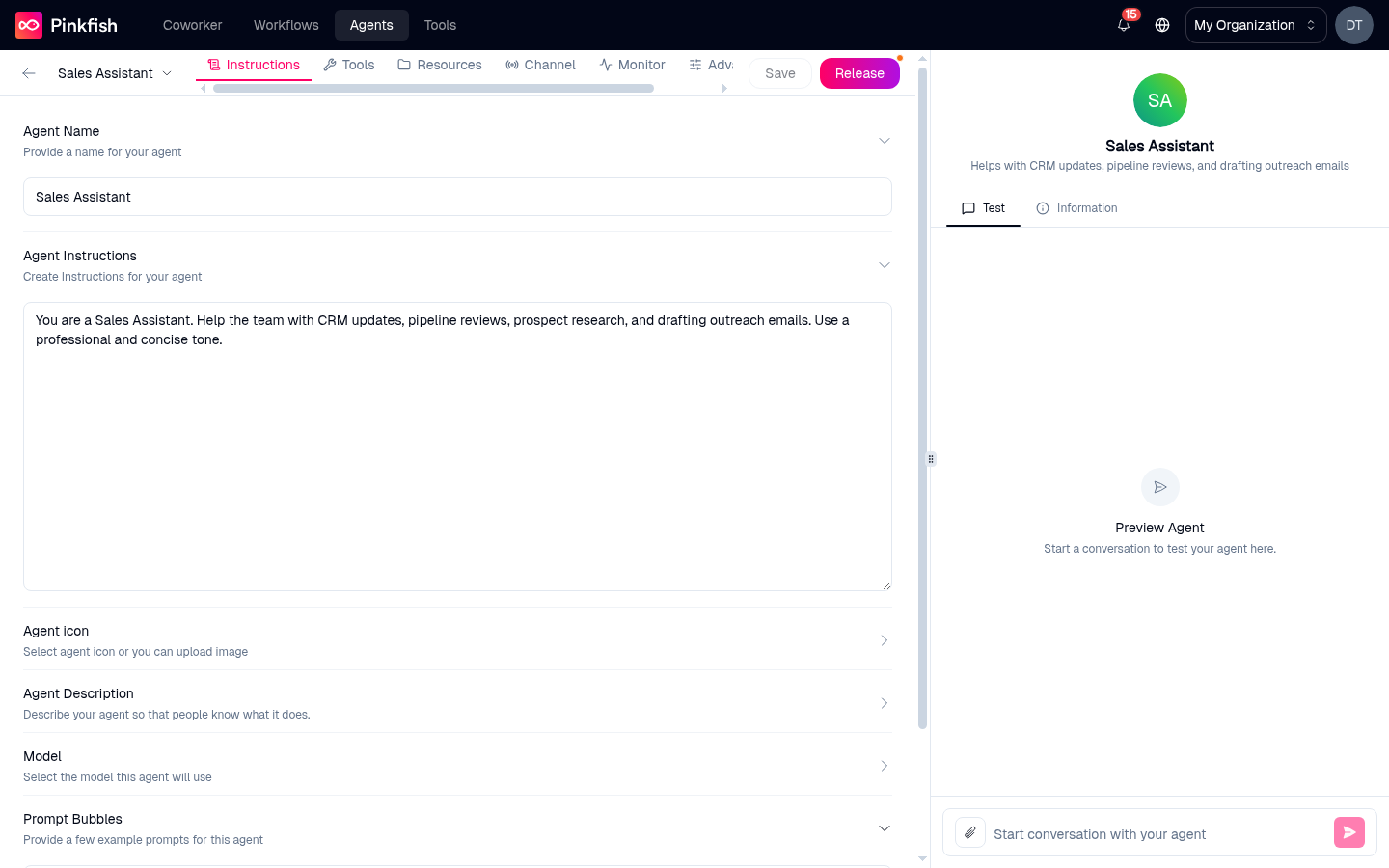 Instructions tab - Pinkfish - AI Agents & Workflows for Getting Work Done