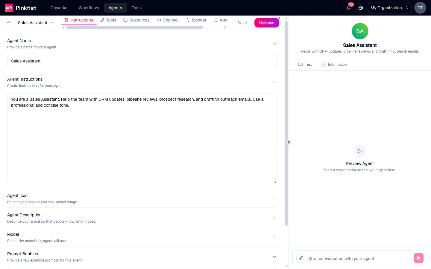 Instructions tab for the Sales Assistant agent showing Agent Name (Sales Assistant), Agent Instructions expanded with a filled system prompt, and collapsed Agent Icon / Agent Description / Model / Prompt Bubbles sections. All six builder tabs are pinned at the top (Instructions, Tools, Resources, Channel, Monitor, Advanced).
