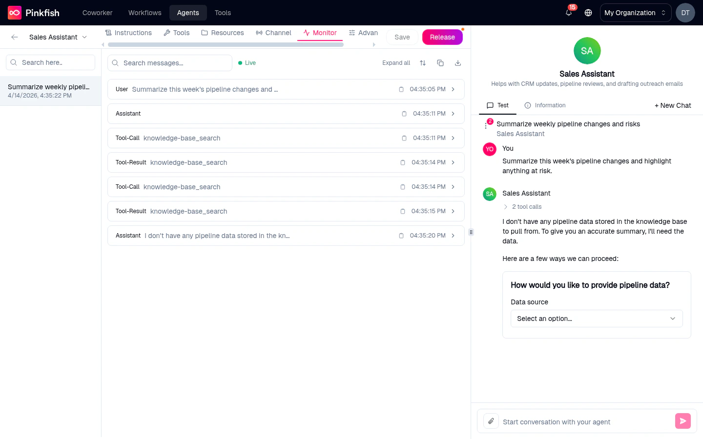 Monitor tab inside the builder with a real chat selected. Left pane shows the chat list with 'Summarize weekly pipeline changes…' at 4/14/2026 11:34 PM. Right pane shows the full message thread: a user prompt, three 'Tool Call: knowledge_base_search' entries paired with three 'Tool Result: knowledge_base_search' responses, and the agent's reply — each entry timestamped.