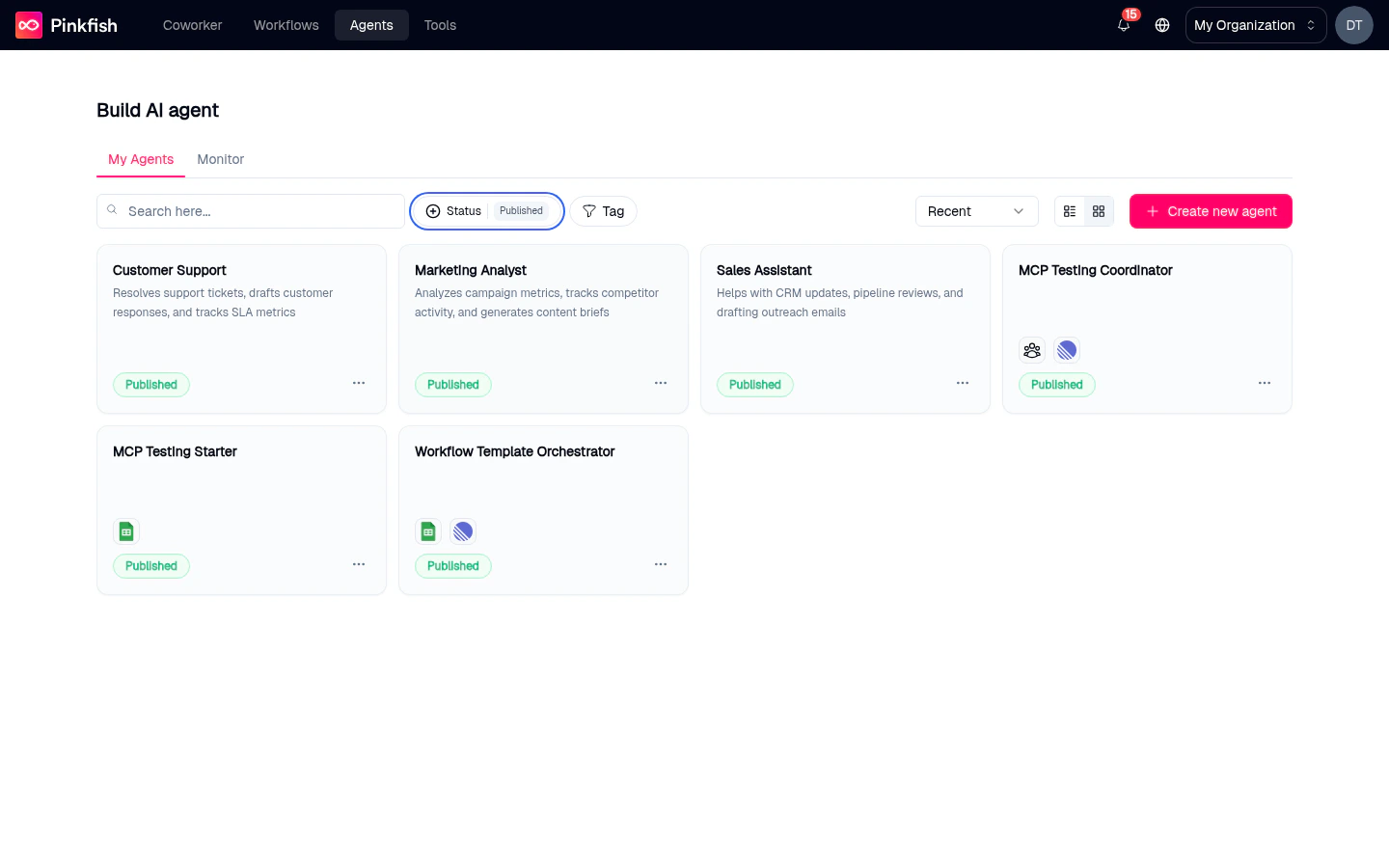 The /agents page showing a list of published agents with status badges, filters, search, and a Create new agent button