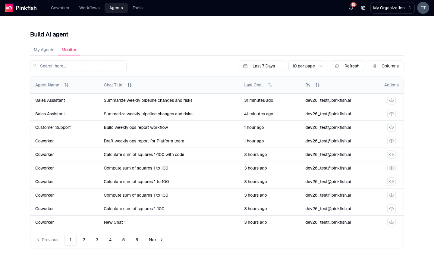 Monitor tab showing a table of agent chats with columns Agent Name, Chat Title, Last Chat, By, and Actions, plus a Last 7 Days date picker, Refresh button, and Columns selector