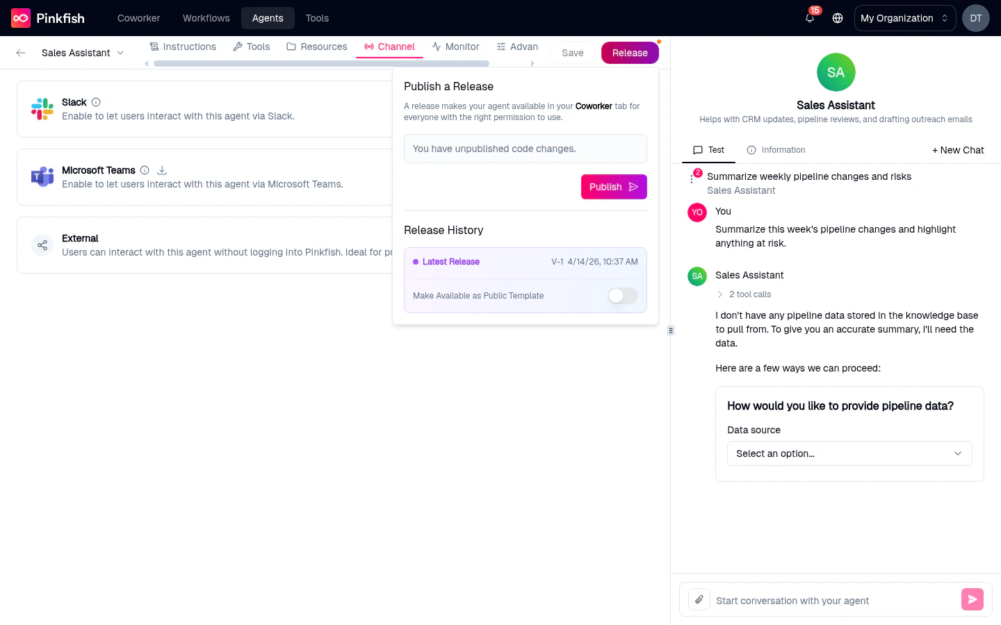 Release dropdown open over the Tools tab showing a 'Publish a Release' header, copy that says 'Make your agent available in your Coworker tab to get permission to use.', a pink Publish button, and a Release History section listing Latest Release v1 with a date and 'Made available via Public Template' badge