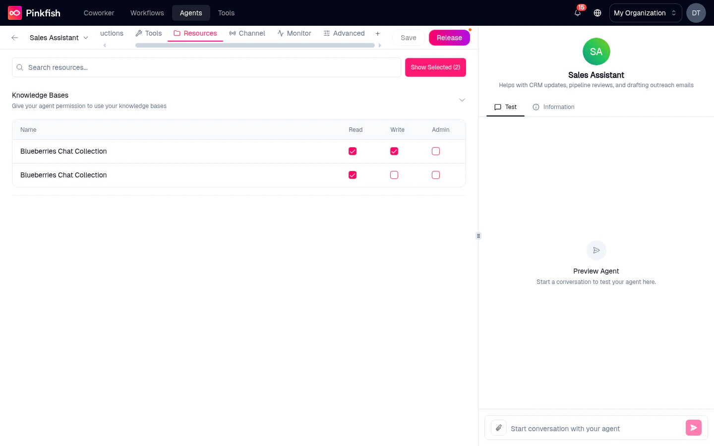 Resources tab for the Sales Assistant agent with Show Selected (2) active — the Knowledge Bases section is expanded and shows two attached 'Blueberries Chat Collection' entries in a table with columns Name, Read, Write, Admin. The first row has Read + Write checked; the second has Read only.