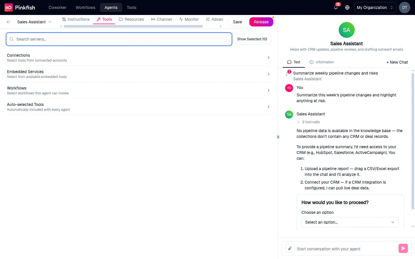 Tools tab for the Sales Assistant agent with nine tools selected (Show Selected (9)) across the four categories — Connections, Embedded Services, Workflows, and Auto-selected Tools. The right-hand Preview pane shows a live chat where the agent has detected it doesn't have the CRM data it needs and is asking the user to pick a path via a dropdown ('Choose an option') — a runtime interactive decision.