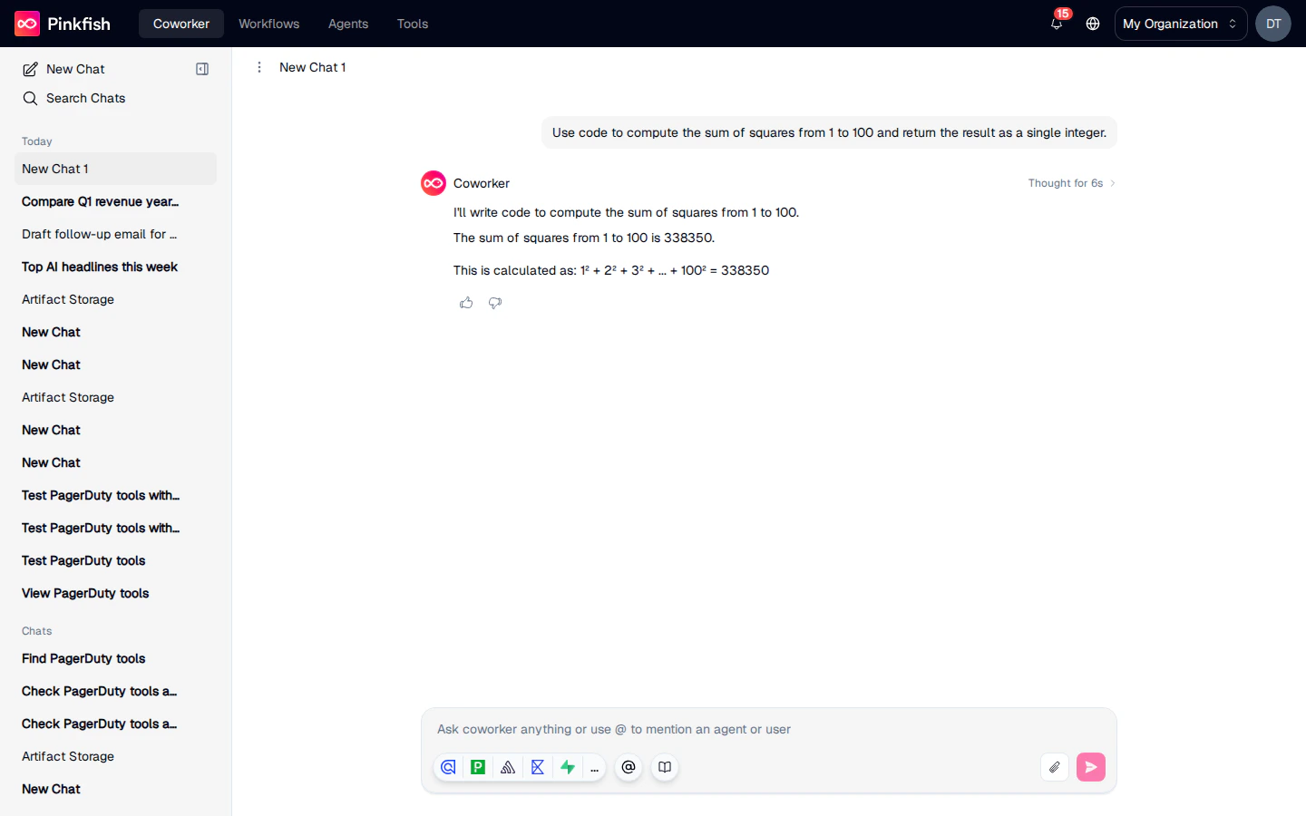 Chat response with code execution result and thumbs-up / thumbs-down buttons