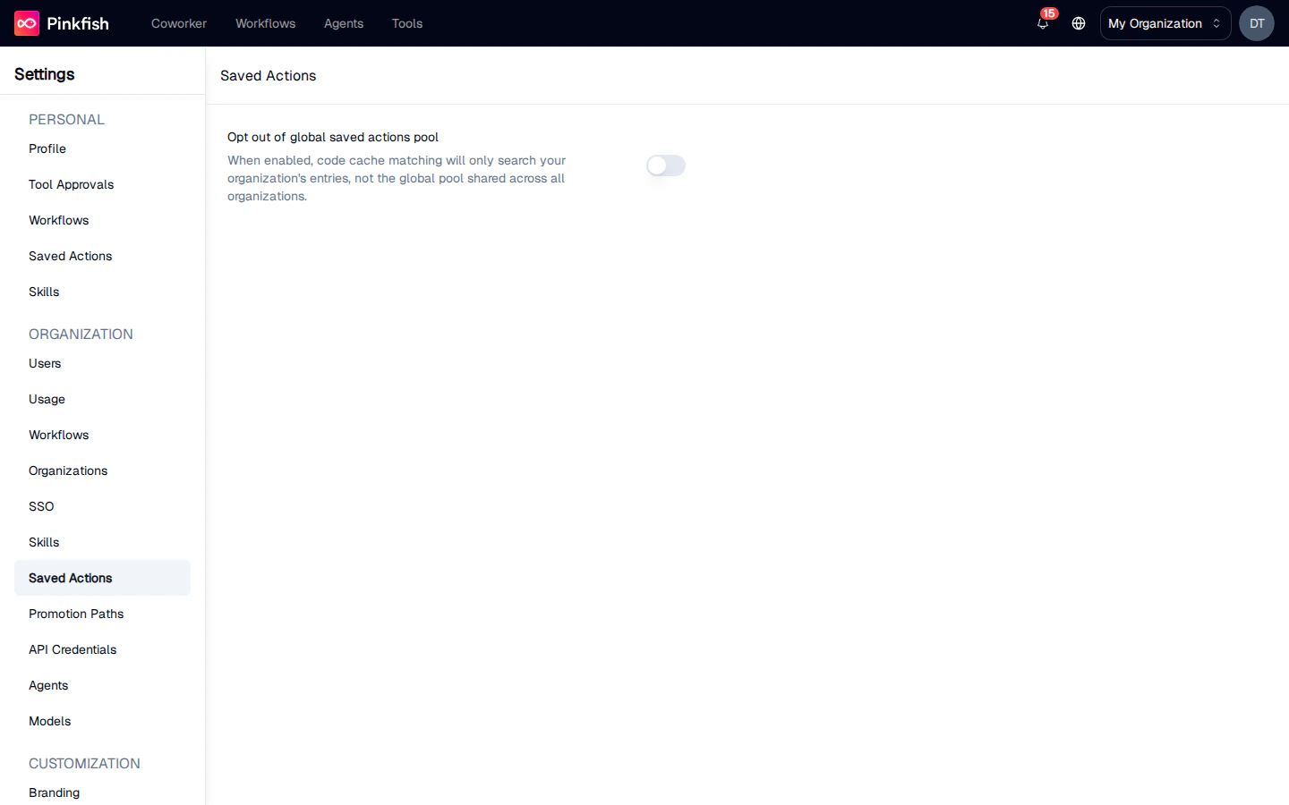 Organization Saved Actions settings page