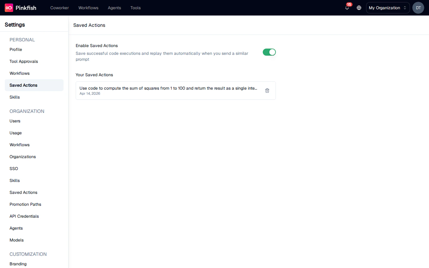 Personal Saved Actions settings page showing the newly saved action