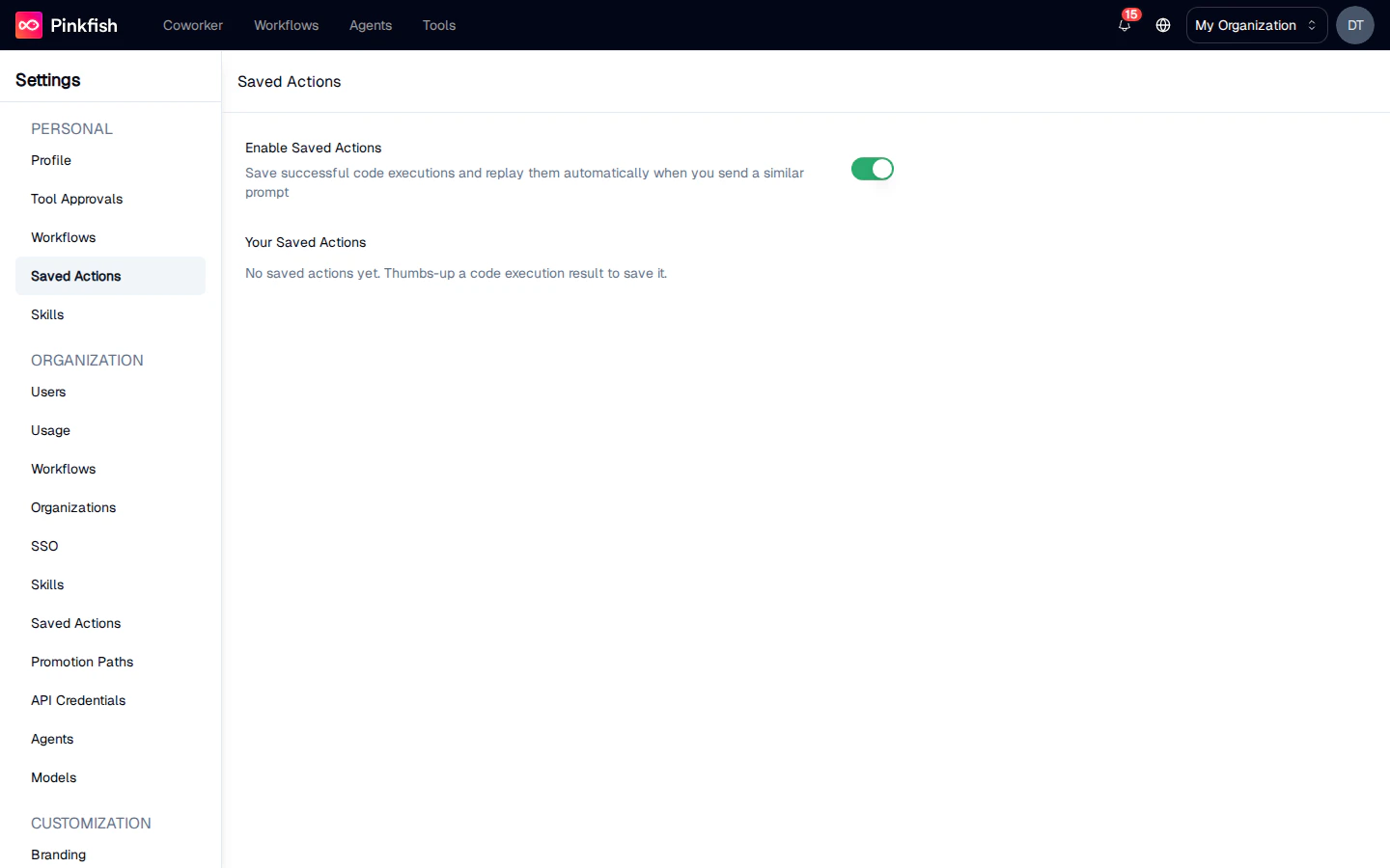 Personal Saved Actions settings page