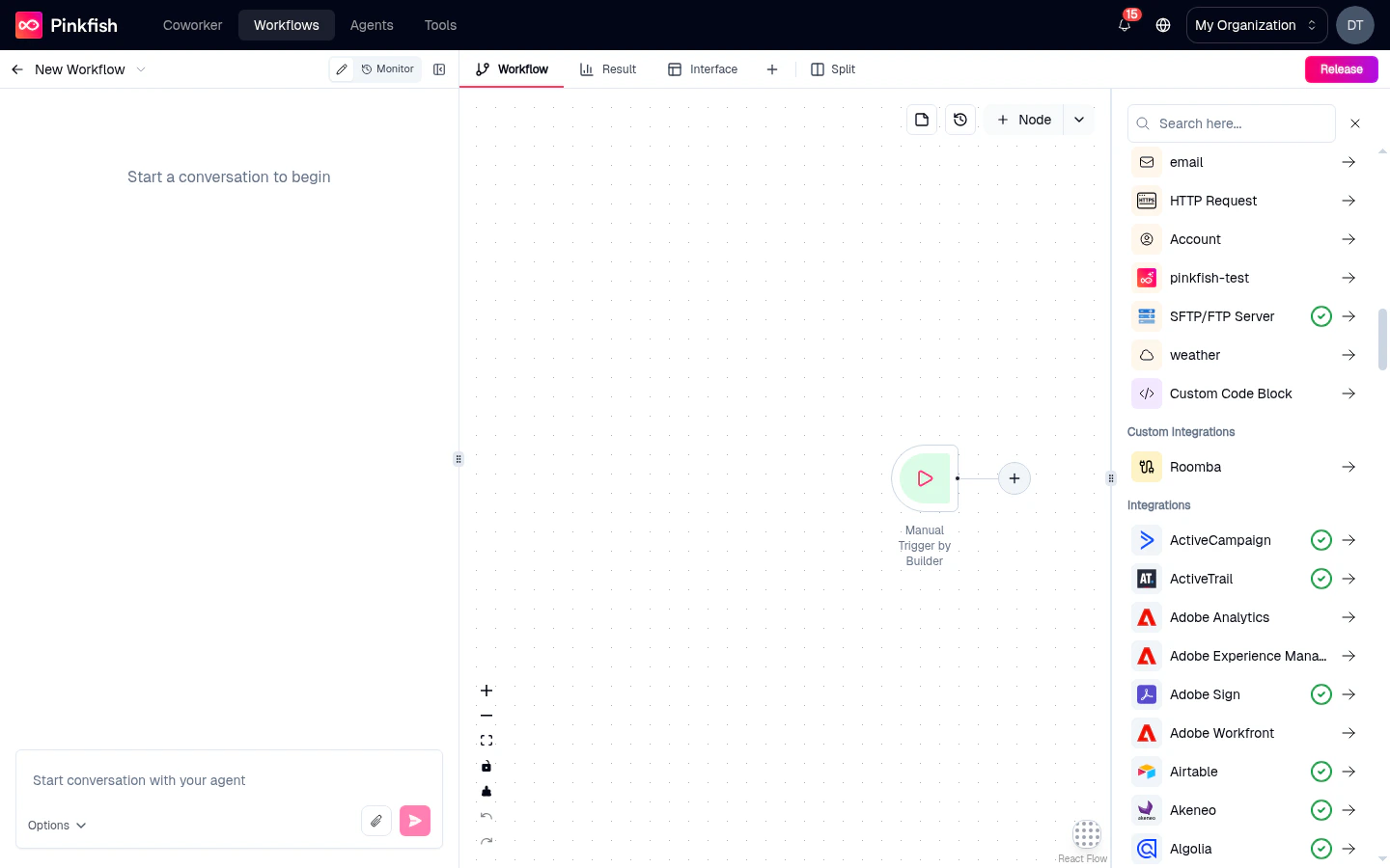 Drilled into the Integrations category showing a list of available third-party app integrations.