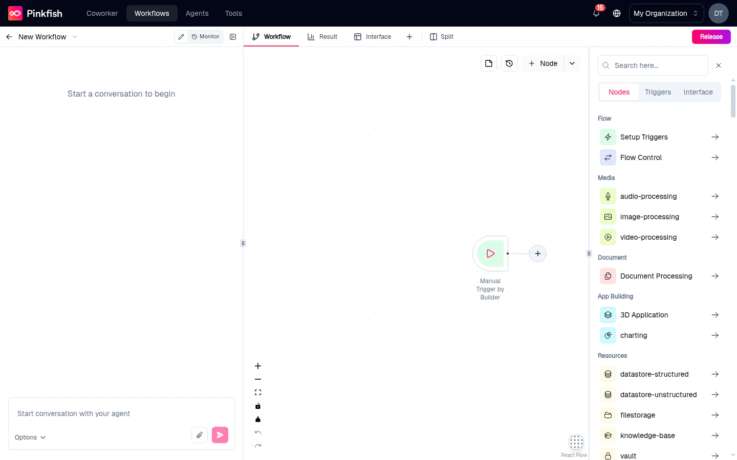 Add Node panel open on the Nodes tab showing categories: Setup Triggers, Flow Control, Media, Document, App Building, Resources, and more.