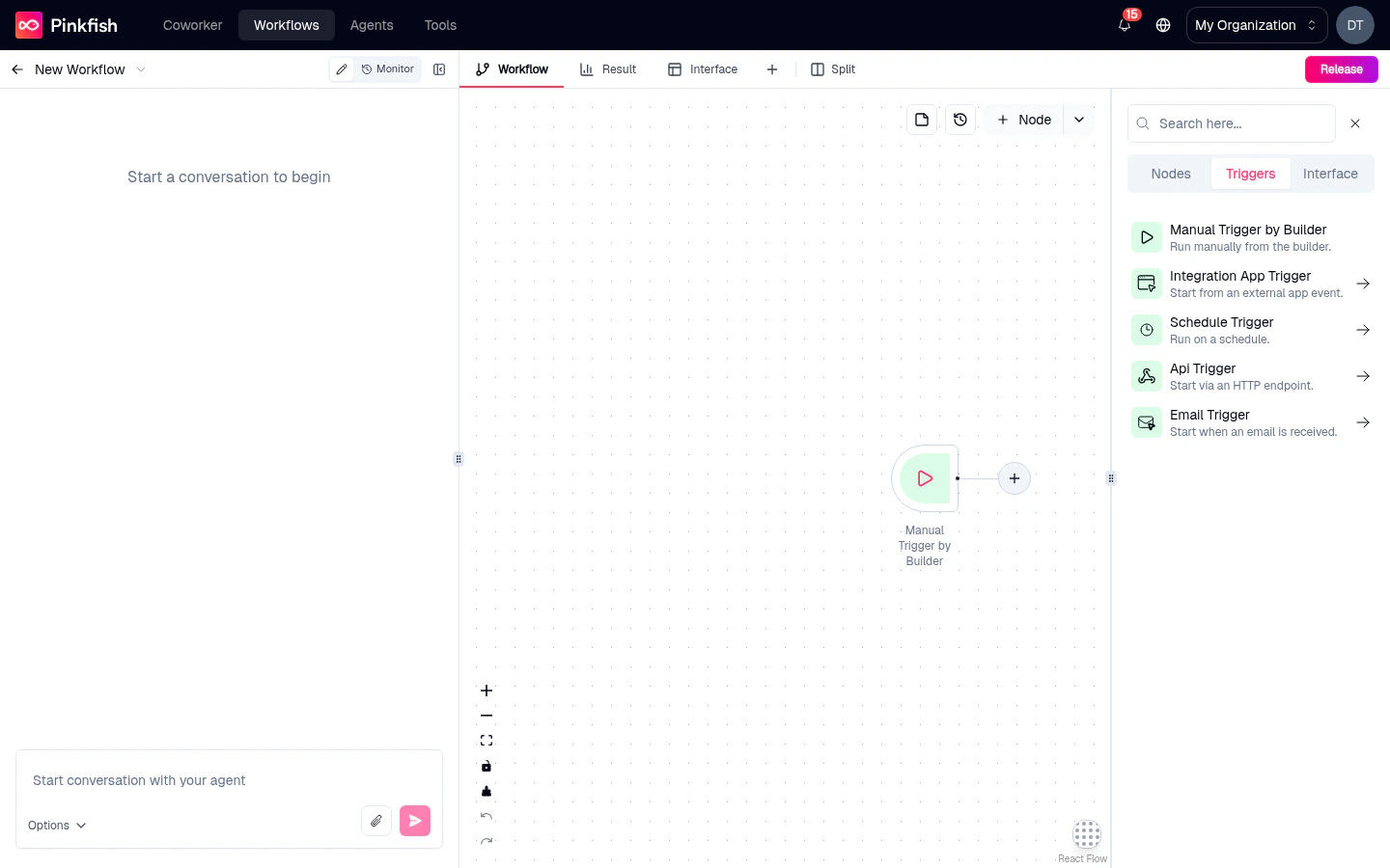 Triggers tab of the Add Node panel showing the available trigger types.