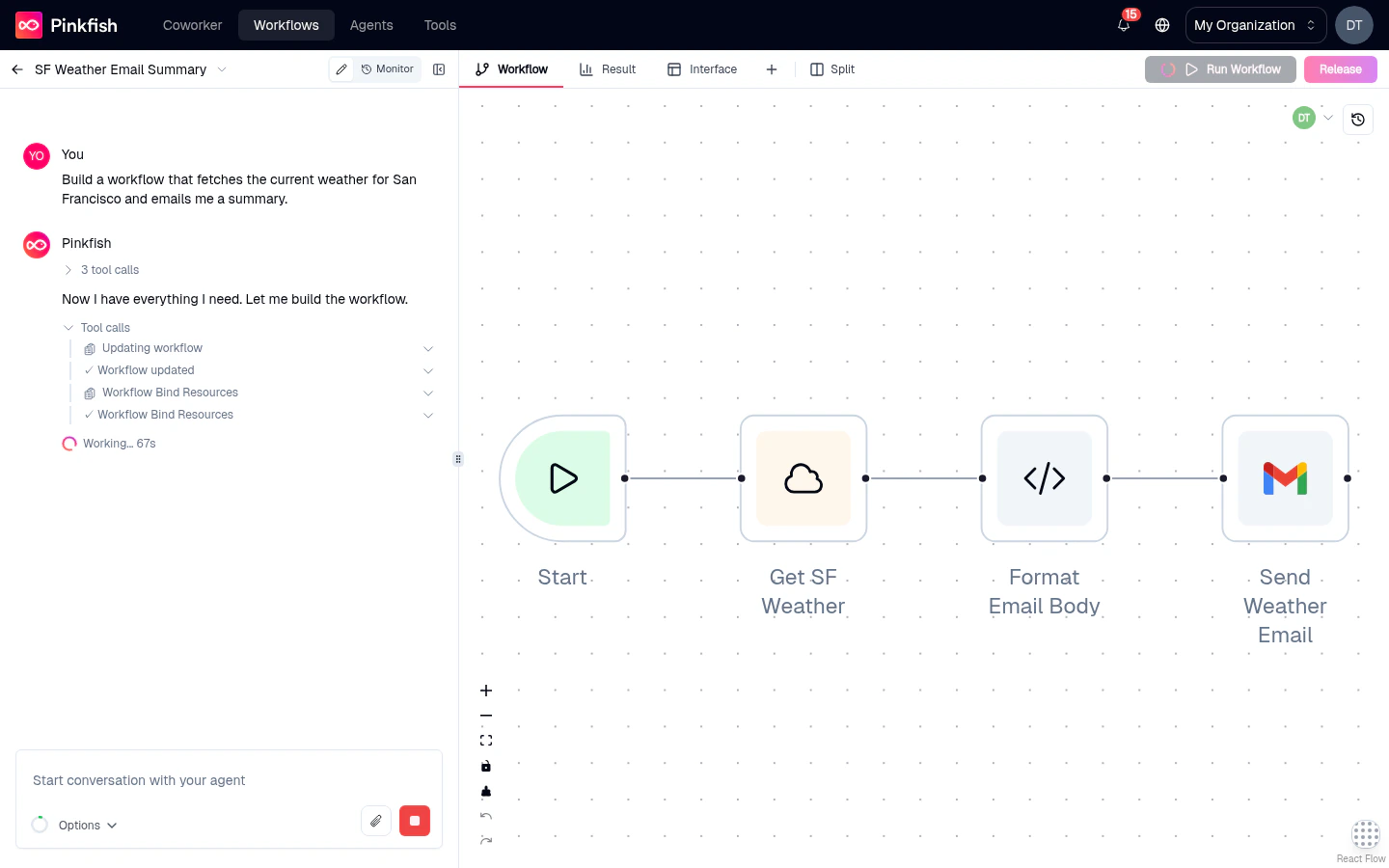 Agent Mode canvas with a connected four-node workflow — a trigger connected to weather, formatting, and email-sending nodes.