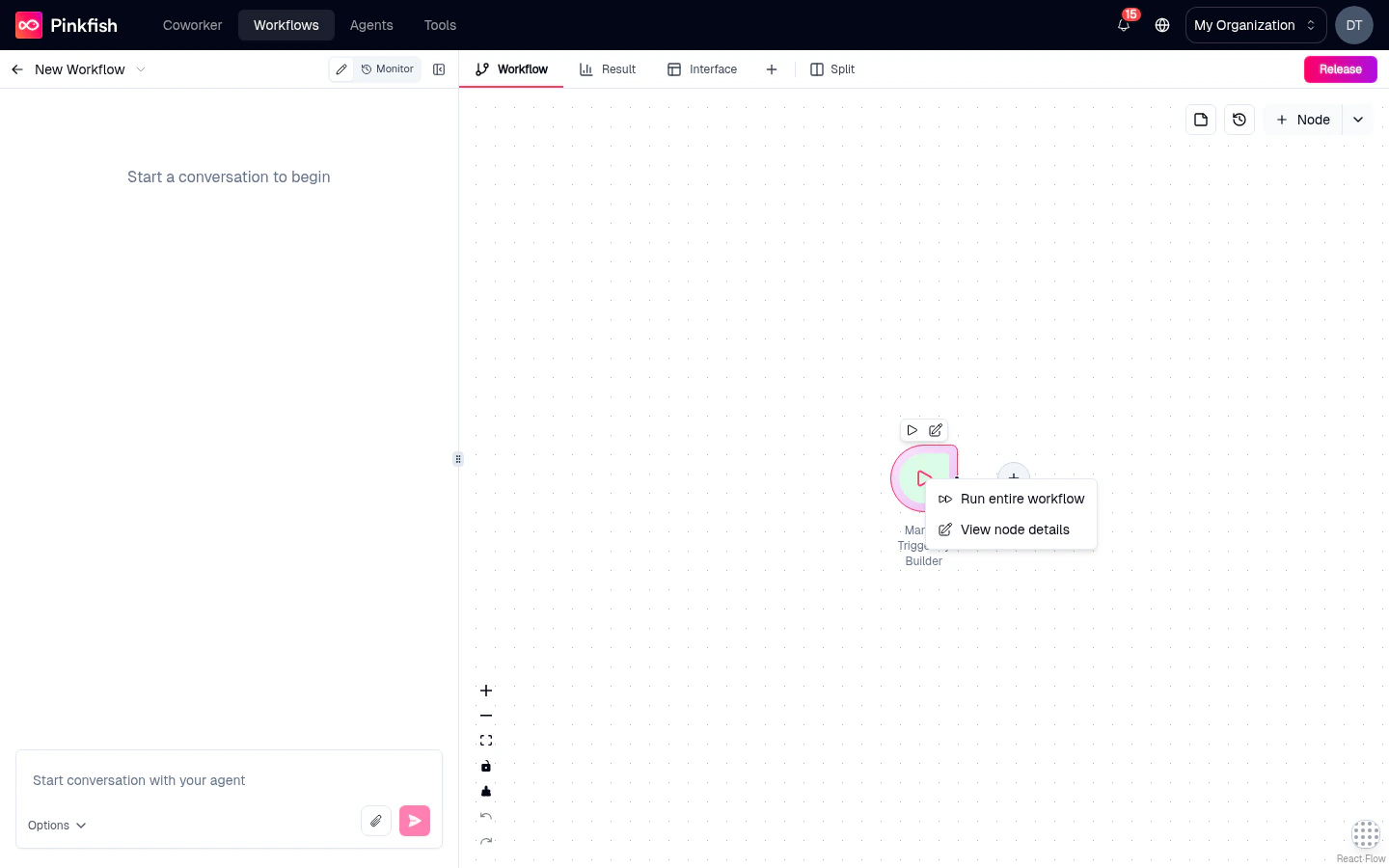 Right-click context menu open on the Manual Trigger node showing Run entire workflow and View node details.