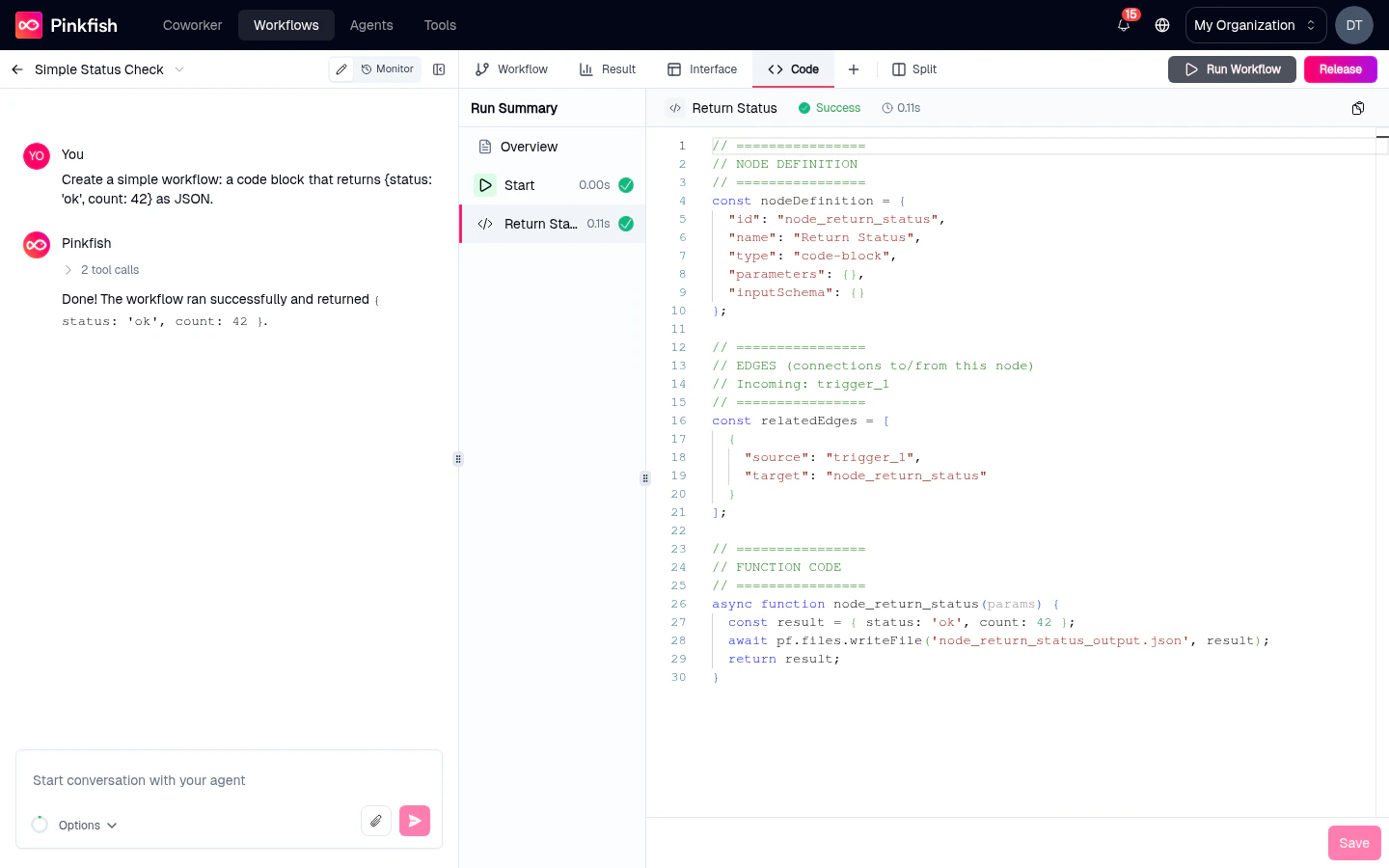 Code tab showing the generated TypeScript source of the workflow in a Monaco editor, with the Run Summary list on the left.