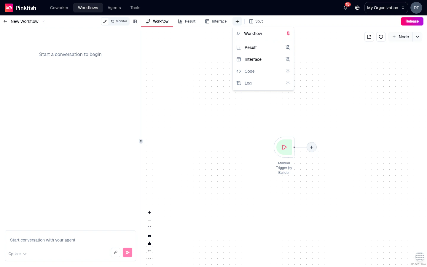 Pin menu popover open from the + button on the tab bar, showing the pinnable tabs.