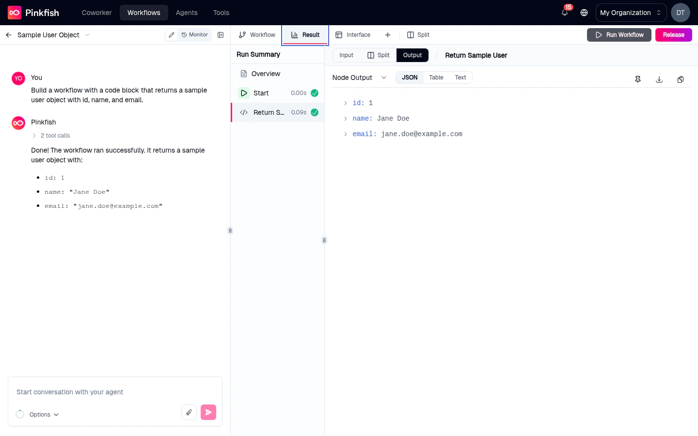 Result tab showing a Run Summary list of completed nodes on the left and a populated JSON output on the right with id, name, and email fields.