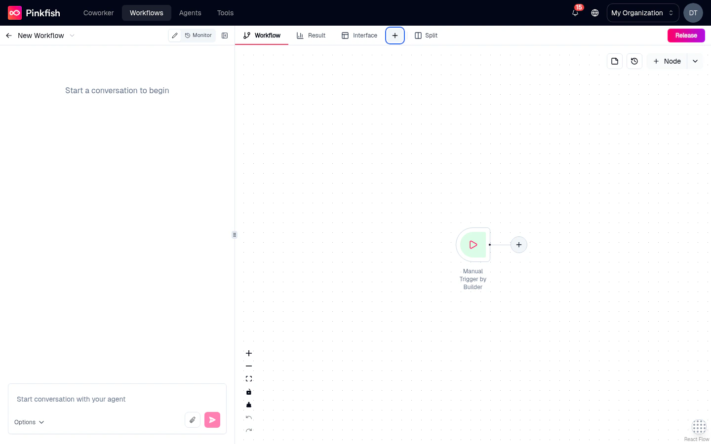 The tab bar at the top of the right pane showing Workflow, Result, Interface, the pin menu, and Split toggle.