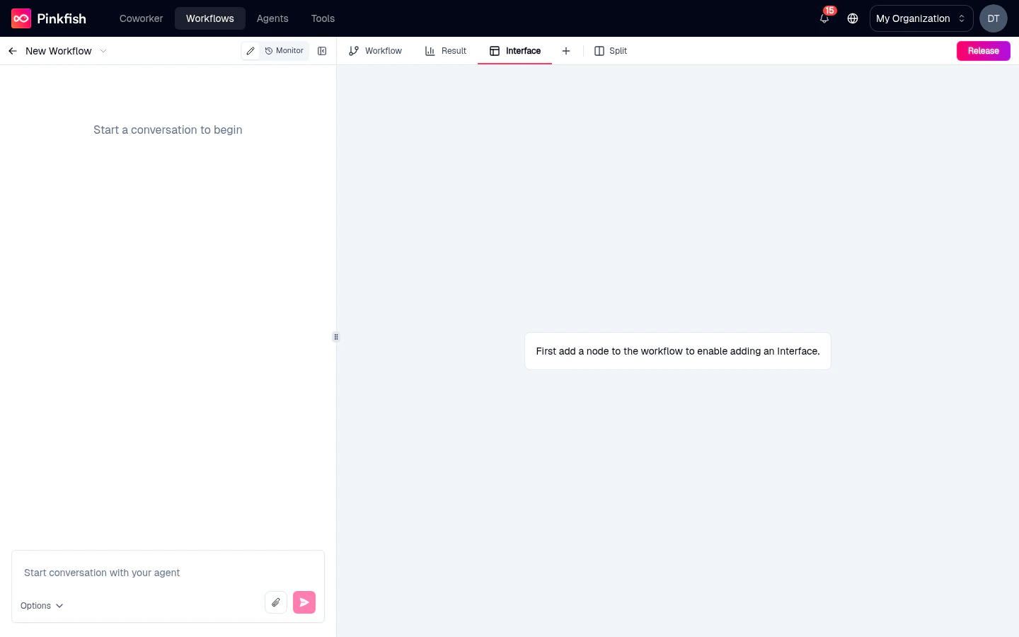 Interface tab open in the right pane on a new workflow, prompting 'First add a node to the workflow to enable adding an Interface.'