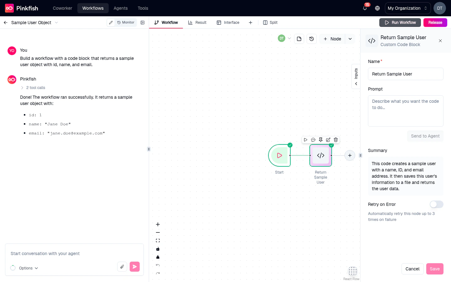 Code Block node settings panel with Name, Prompt, Summary, and a Retry on Error toggle — the hover menu above the node showing edit, play, mock, and pin icons.