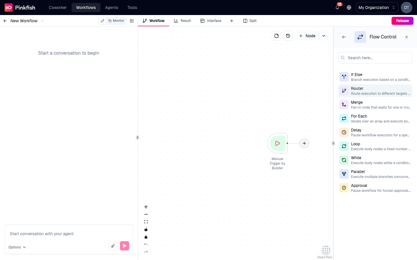 Flow Control category open in the Add Node panel showing If-Else, Router, Merge, For Each, Delay, Loop, While, Parallel, and Approval.