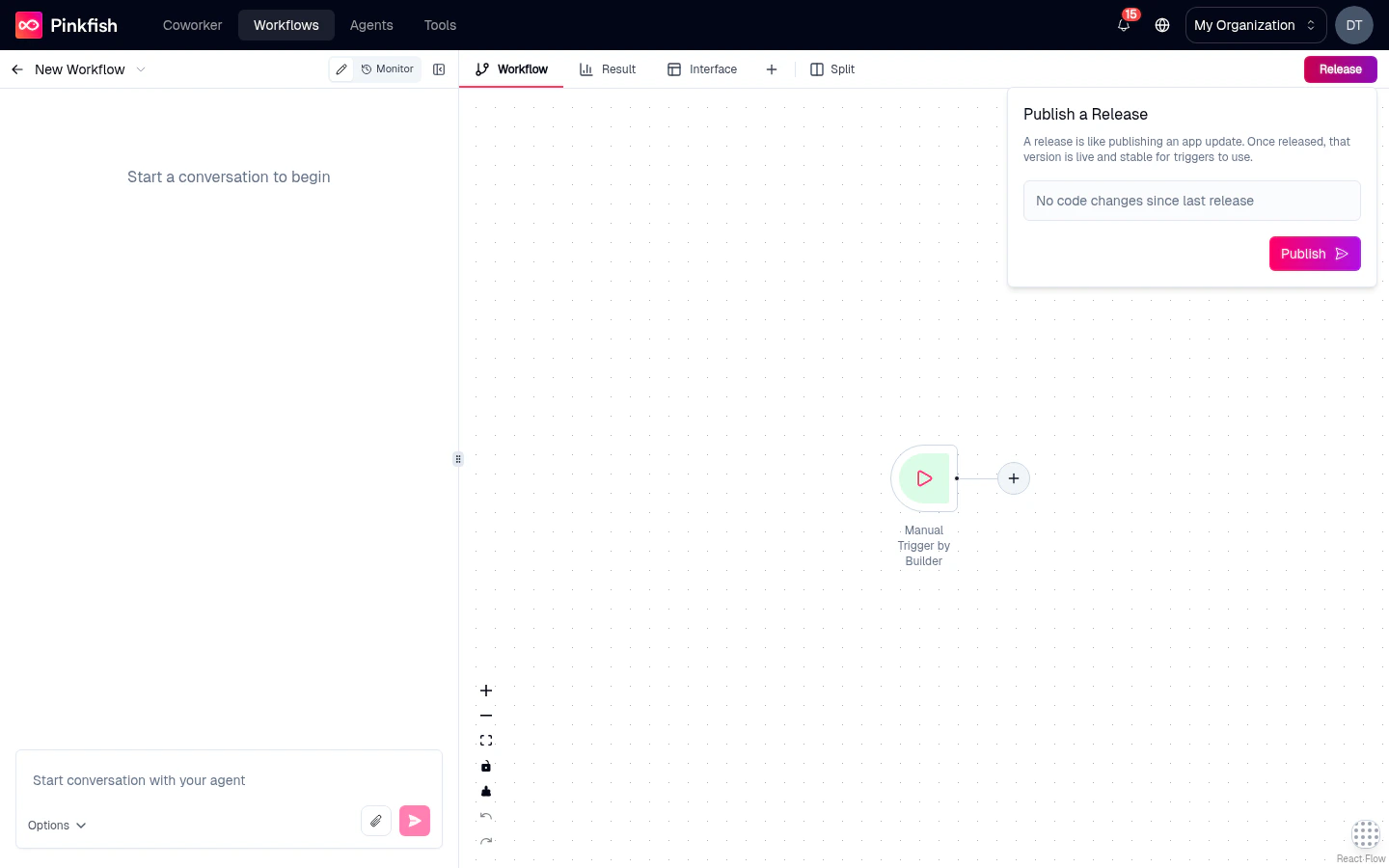 Release dropdown open with the Publish a Release panel and a Publish CTA.