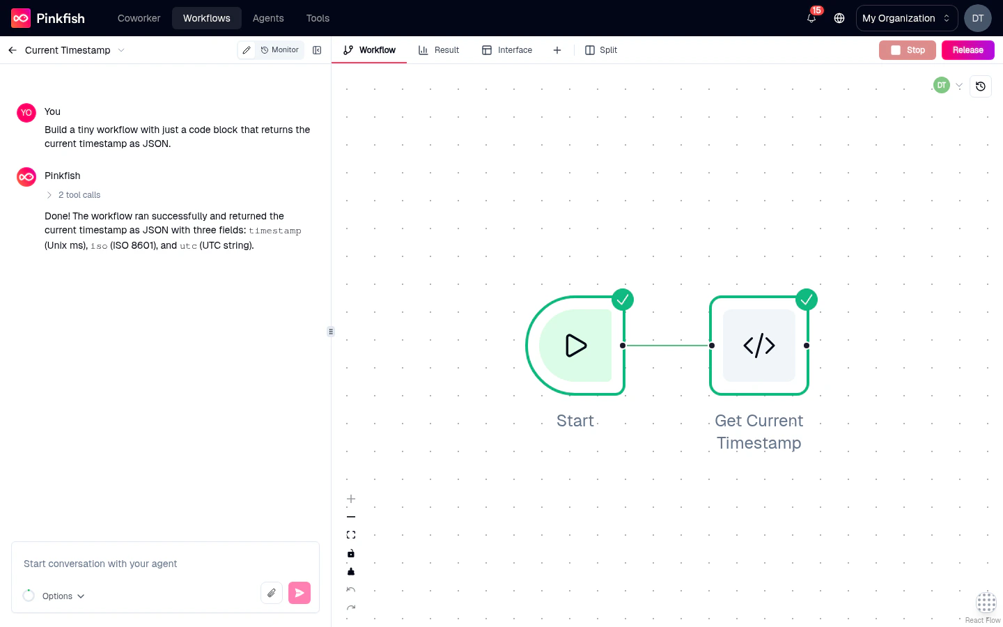 Workflow after a successful run showing green checkmark badges on both the Start trigger and the Get Current Timestamp code-block node, with the agent confirming success in the chat.