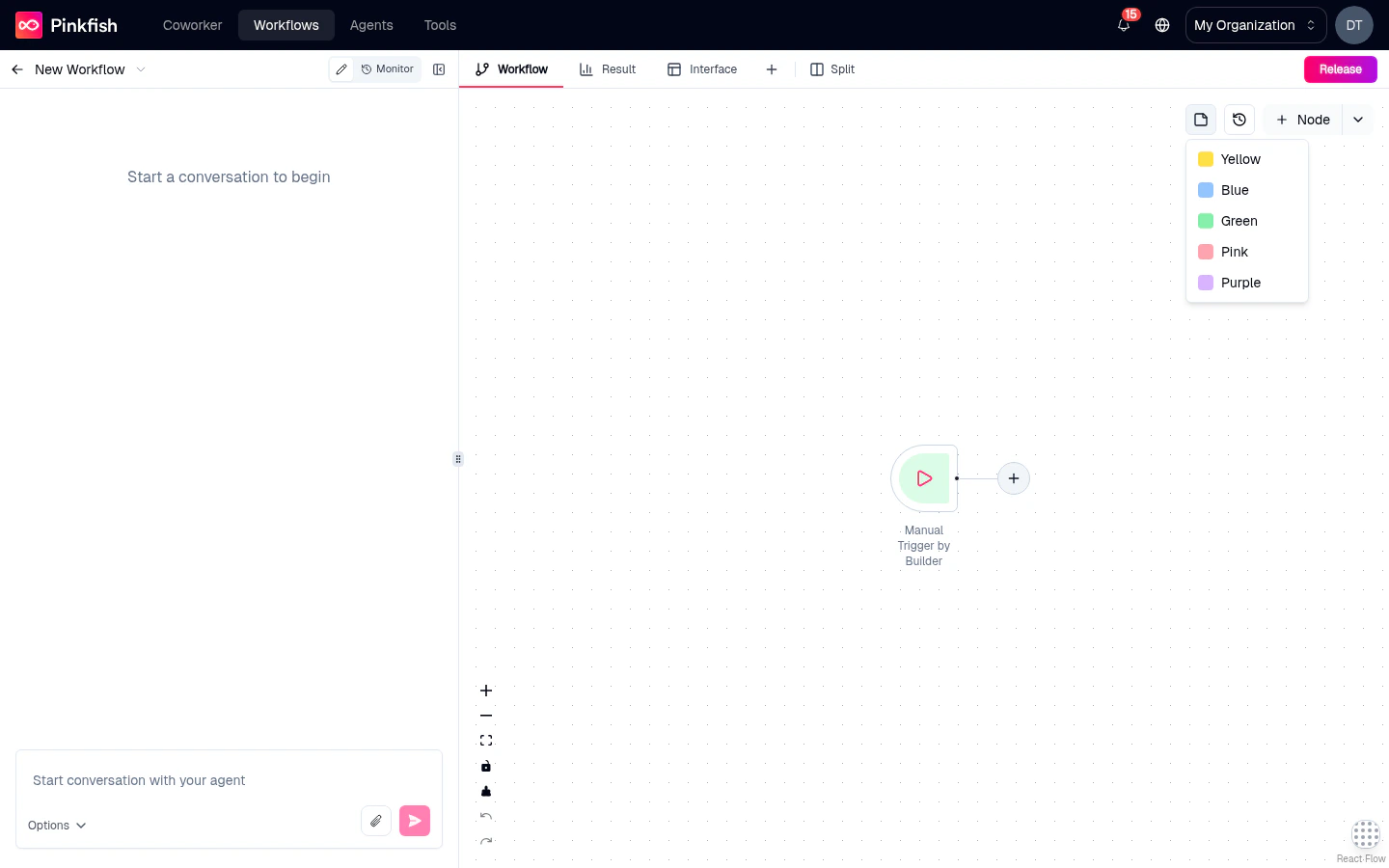 Sticky note color picker open showing Yellow, Blue, Green, Pink, and Purple options.
