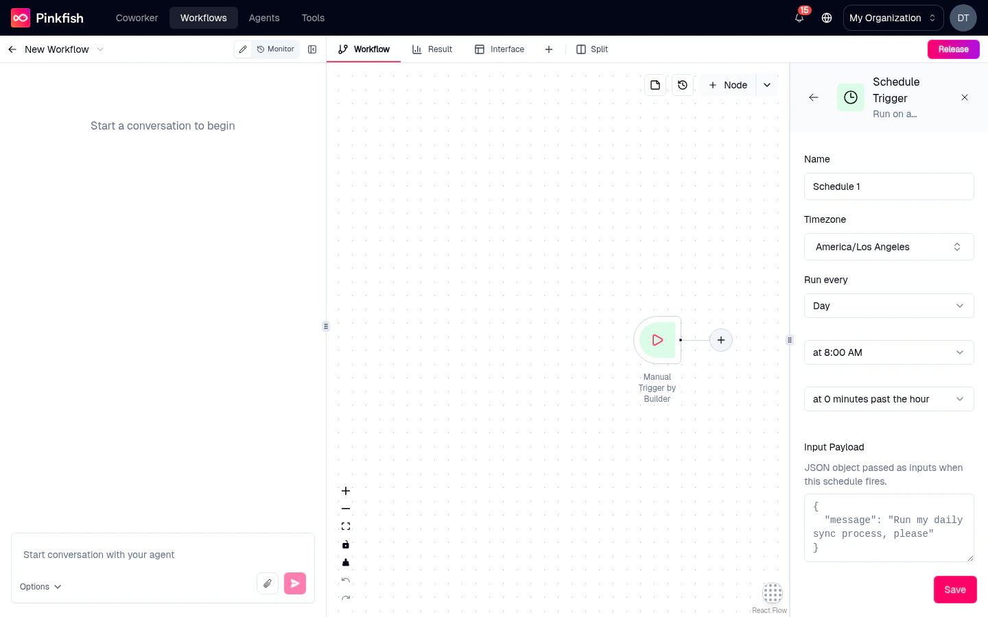 Schedule Trigger settings panel with Timezone, Run every, and time-of-day fields filled in, plus an Input Payload editor.