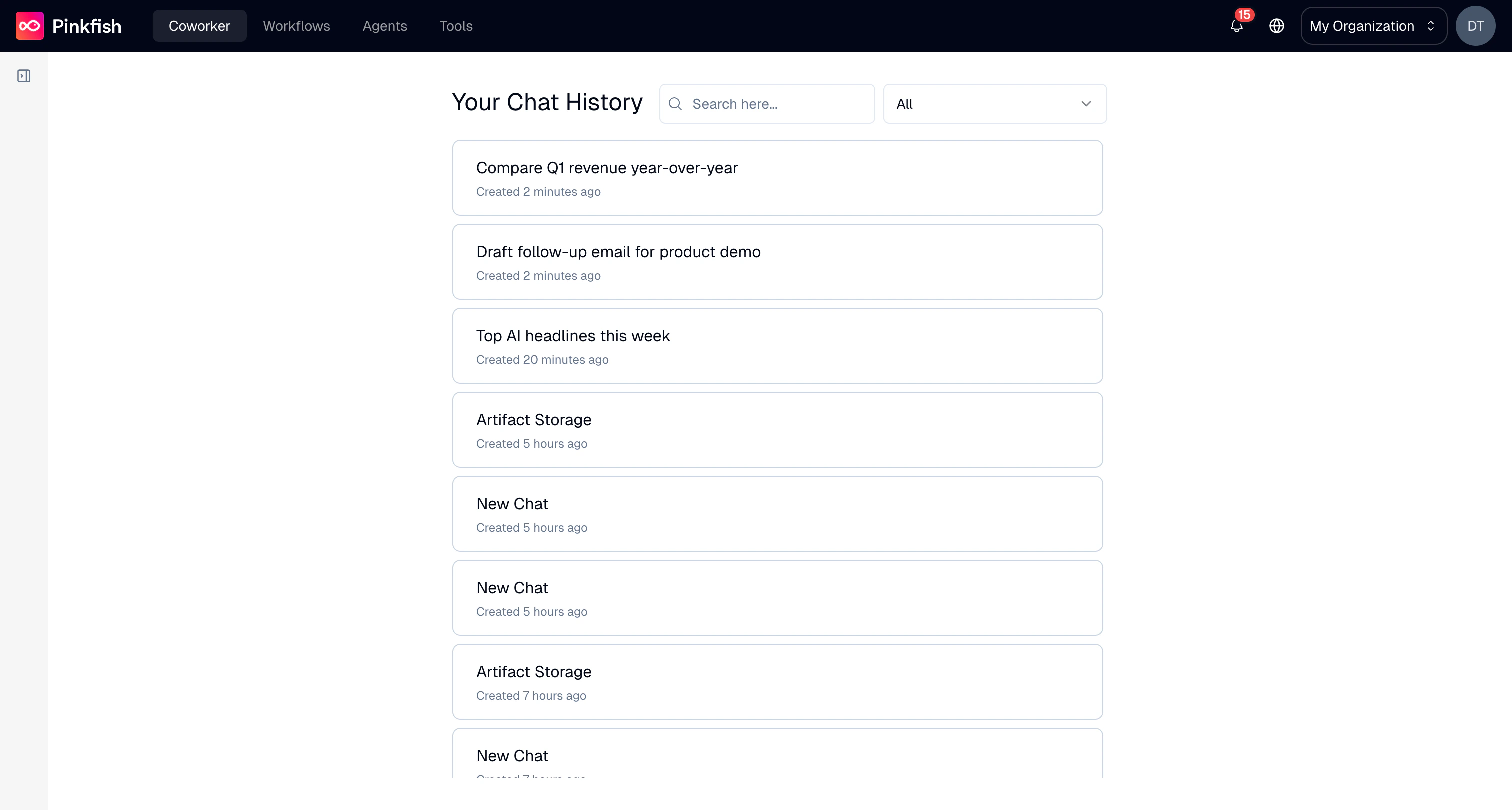 Chat history page with search and agent filter