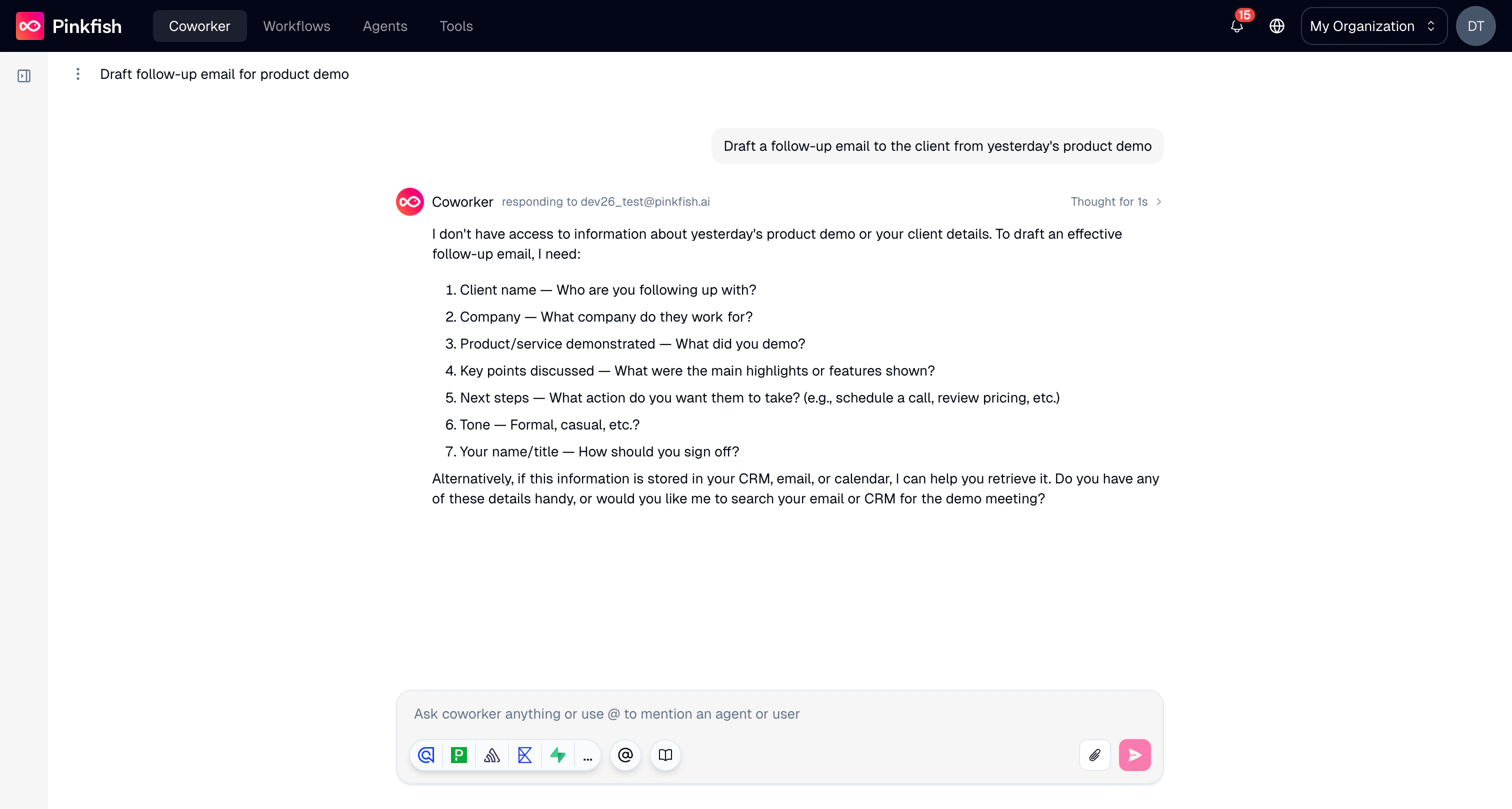 Active chat showing a conversation with Coworker
