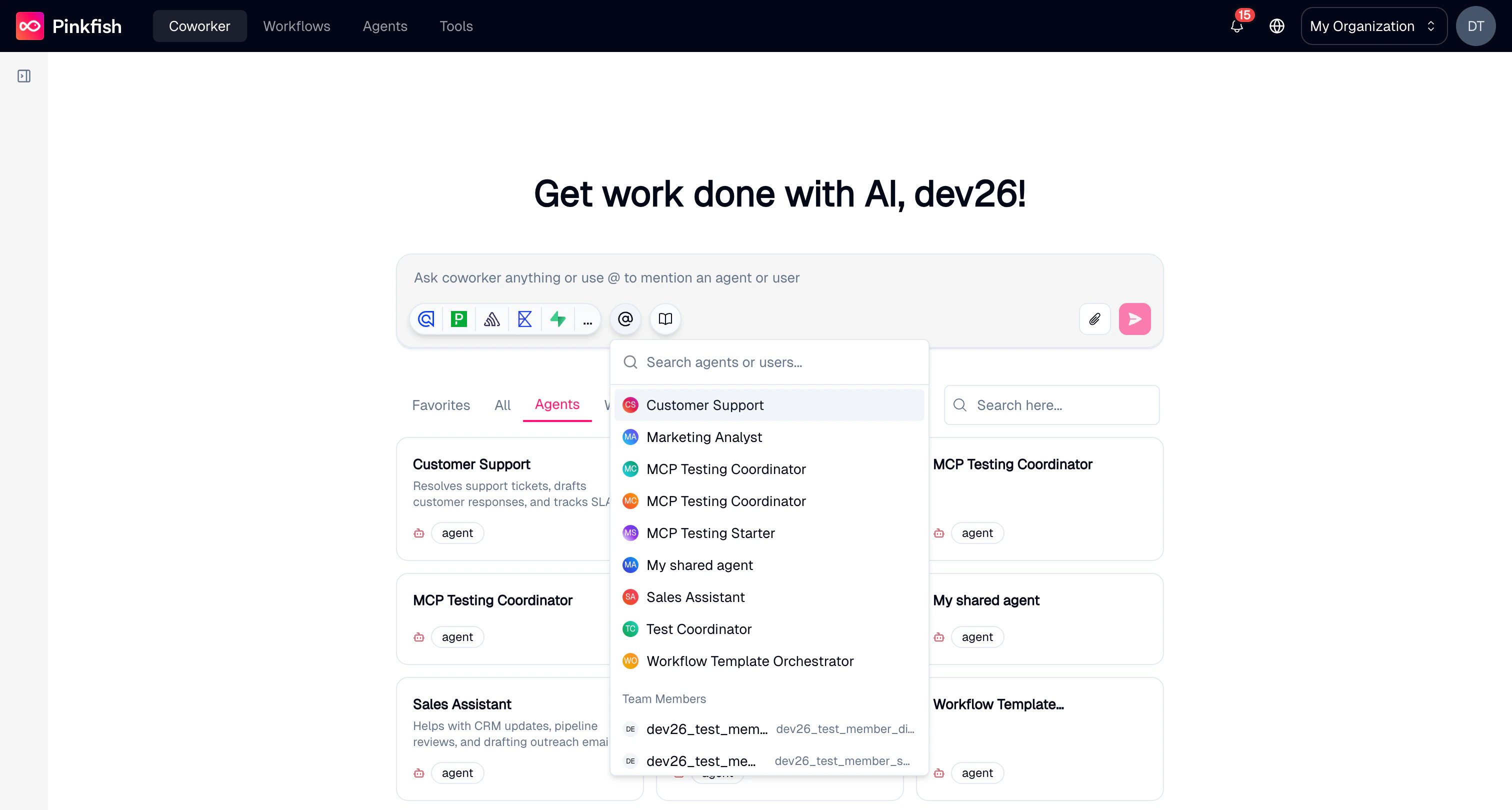 Agent mention selector showing available agents