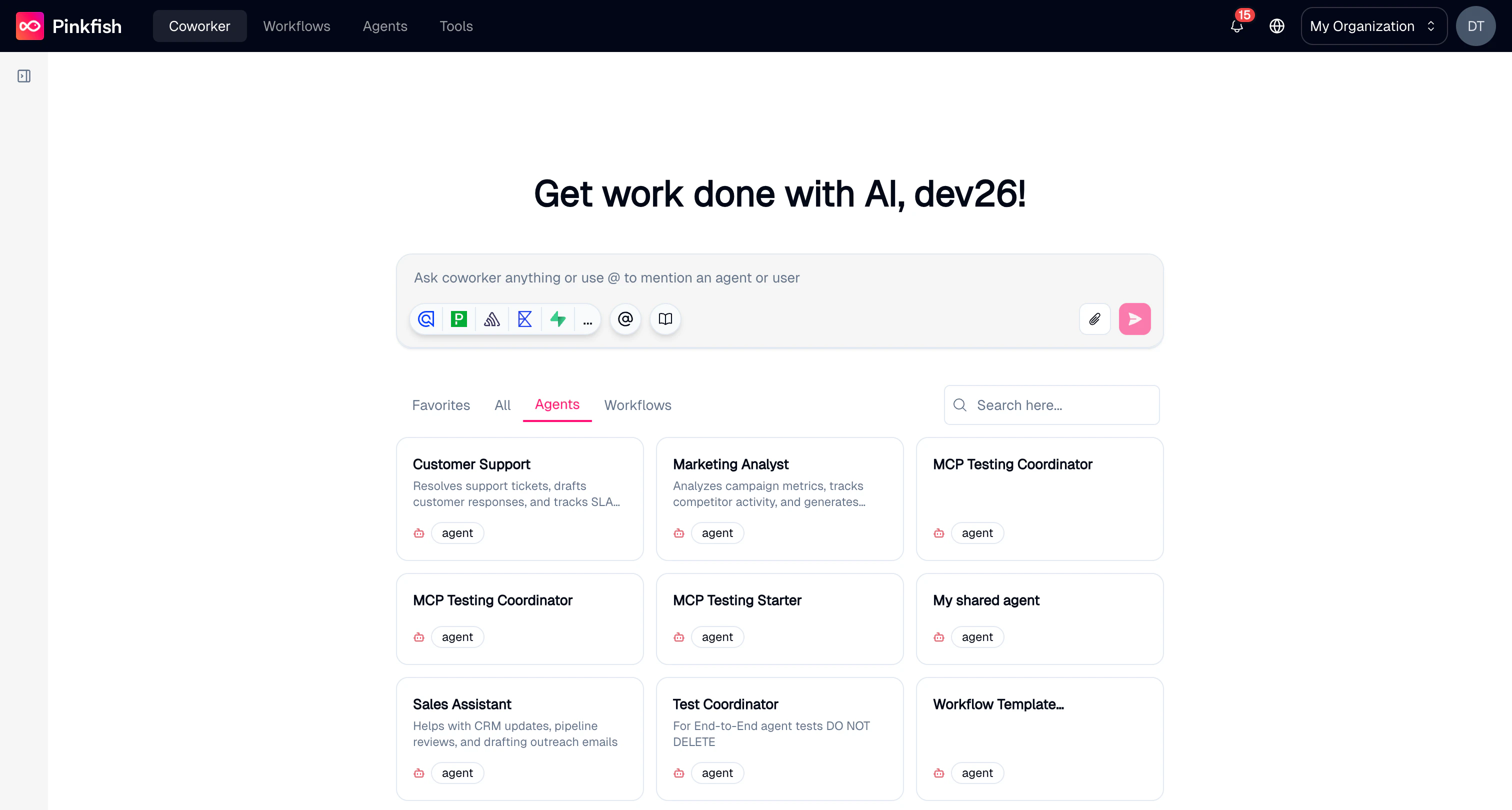 Coworker welcome screen with chat input, suggestion cards, and sidebar