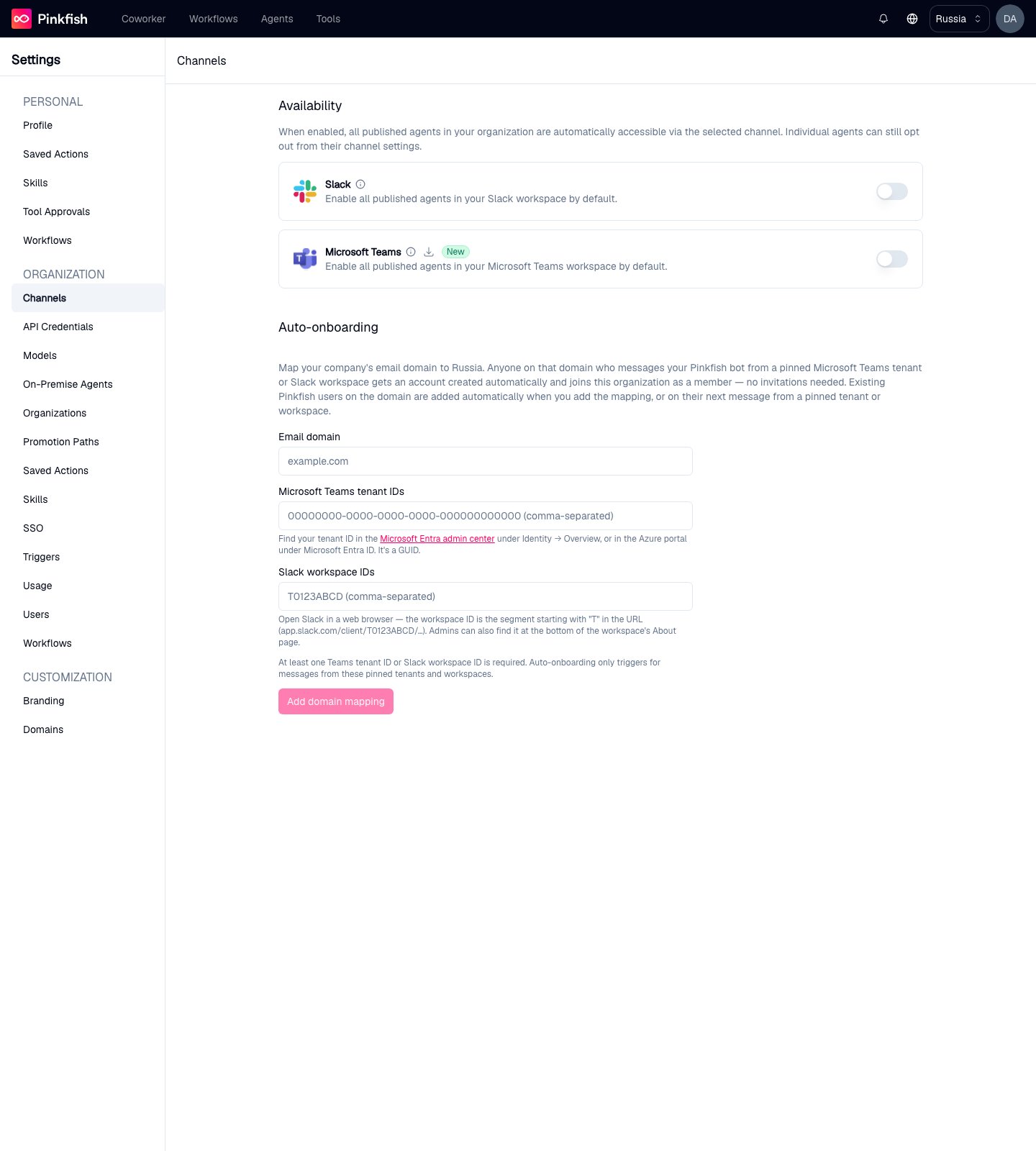 Organization Channels page showing the Slack and Microsoft Teams availability toggles above the auto-onboarding email-domain mapping form