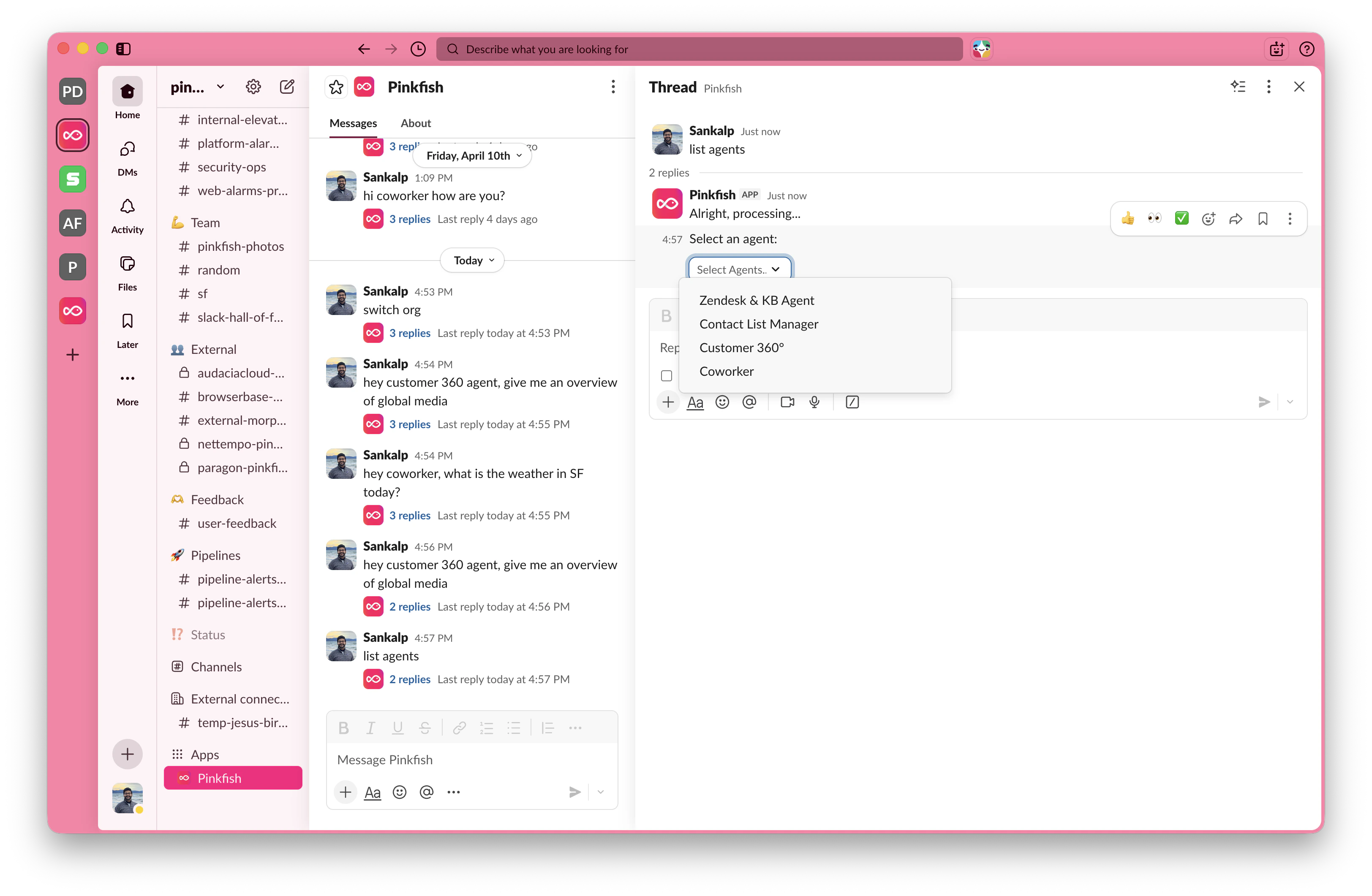The Pinkfish app's response to list agents: a Select Agents… dropdown showing the agents the user can route the thread to