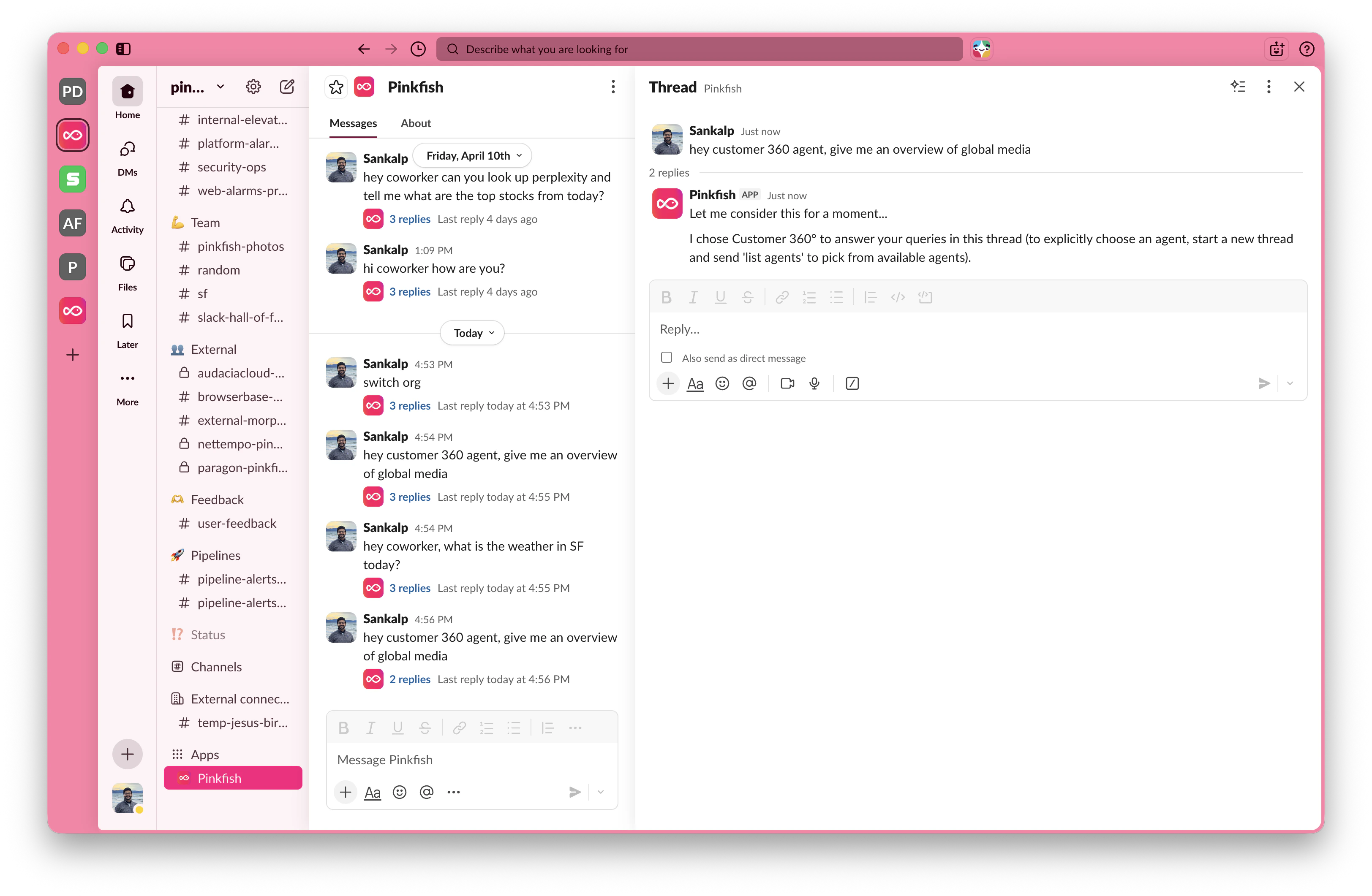 Short "Let me think for a second…" acknowledgement posted by the Pinkfish app immediately after the user's message
