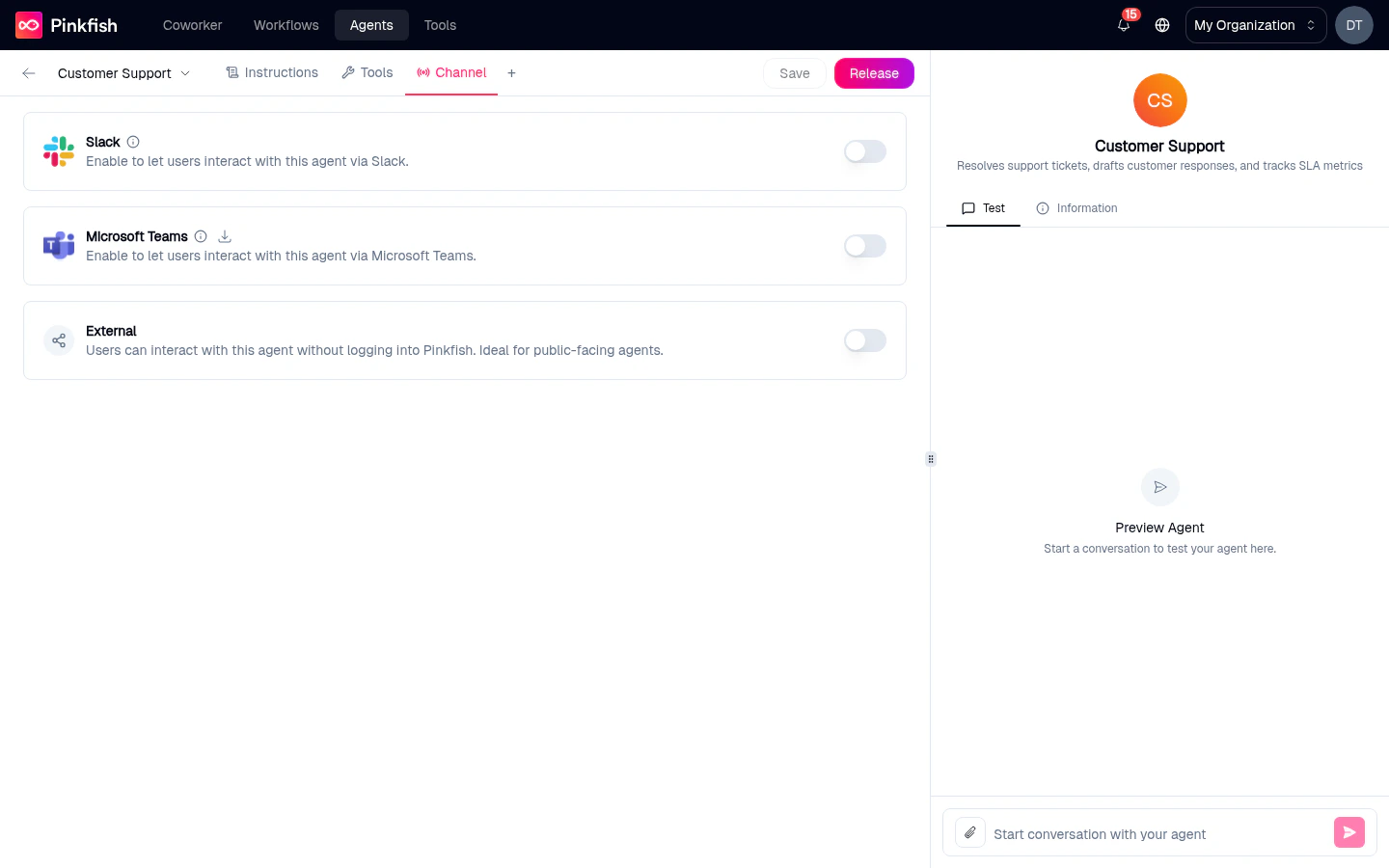 Agent editor Channel tab showing the Slack toggle card alongside Microsoft Teams and External channels