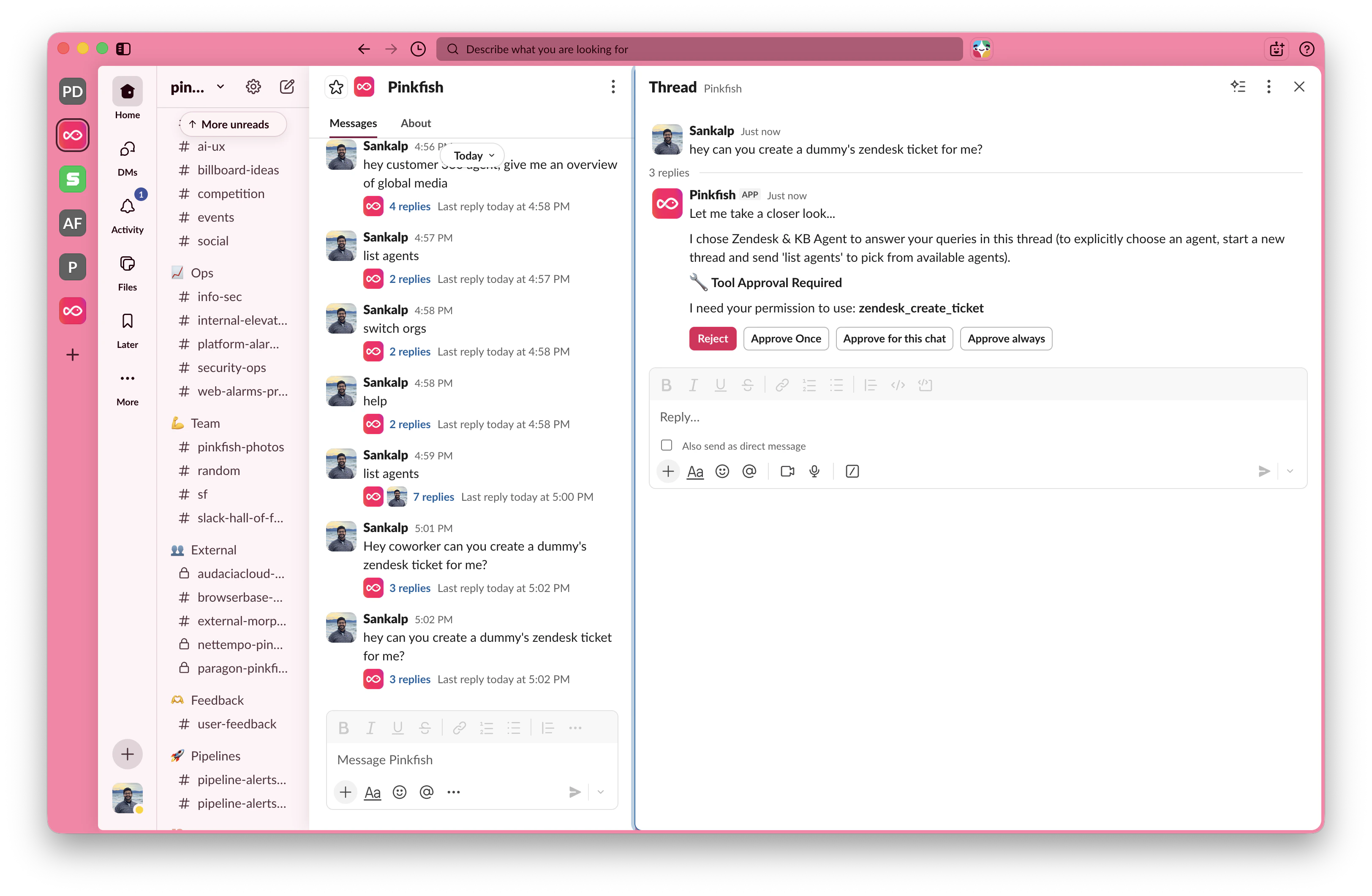 Tool Approval Required prompt in a Slack thread, showing the four approval buttons the user can choose from