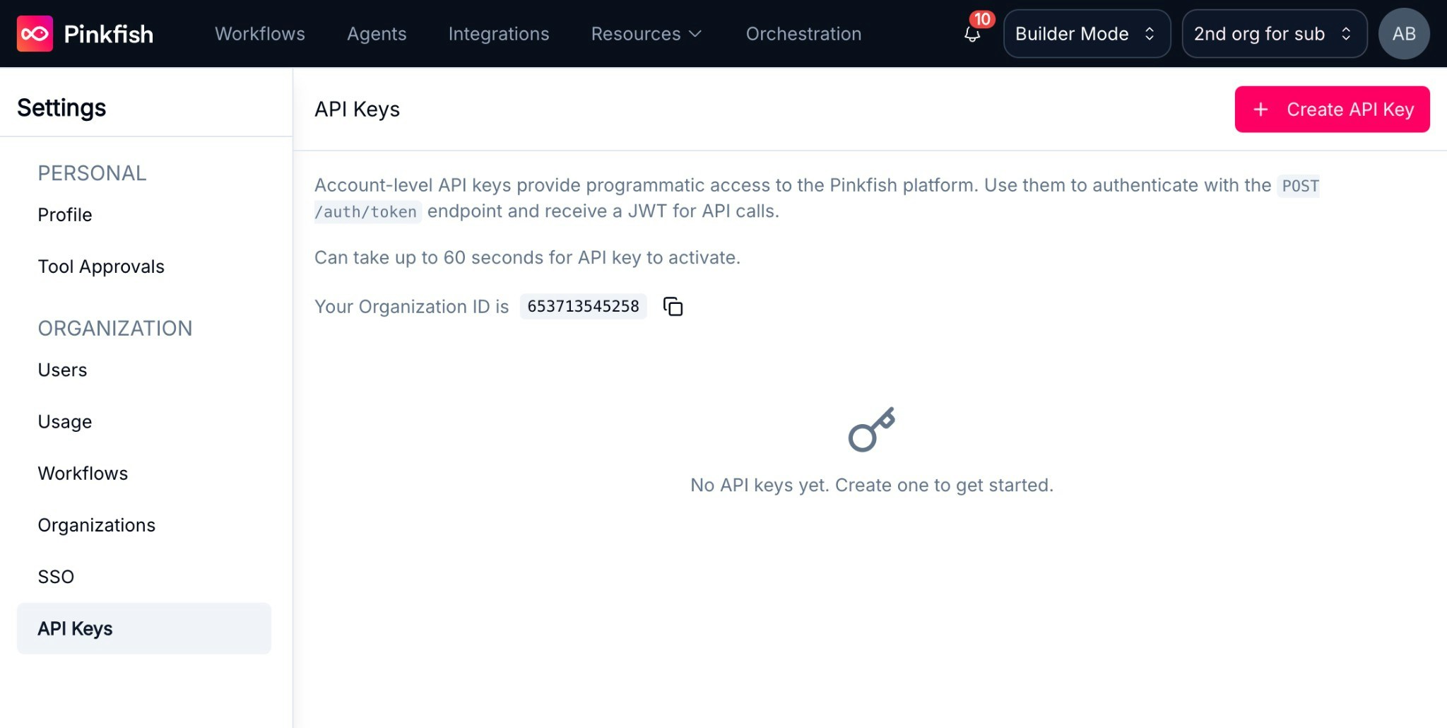 Settings → API Keys page in the Pinkfish dashboard