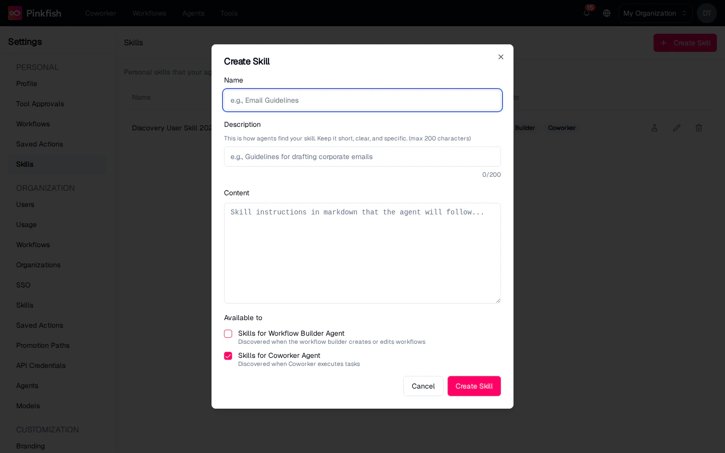 Create Skill dialog with an empty form