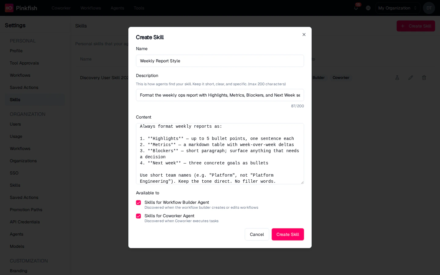 Create Skill dialog filled in with a Weekly Report Style skill