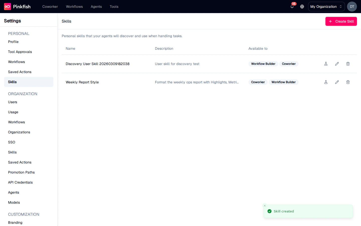 Skills list after creating the new Weekly Report Style skill, with a success toast