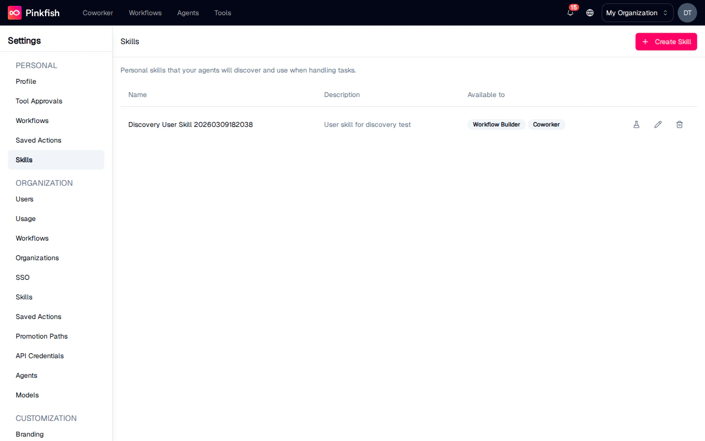 Personal Skills settings page