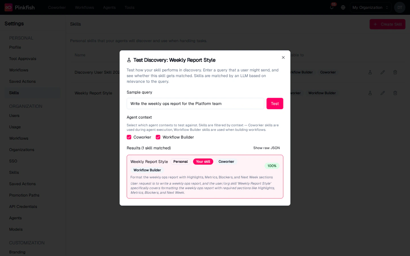 Test Discovery results showing the skill matched at 99%